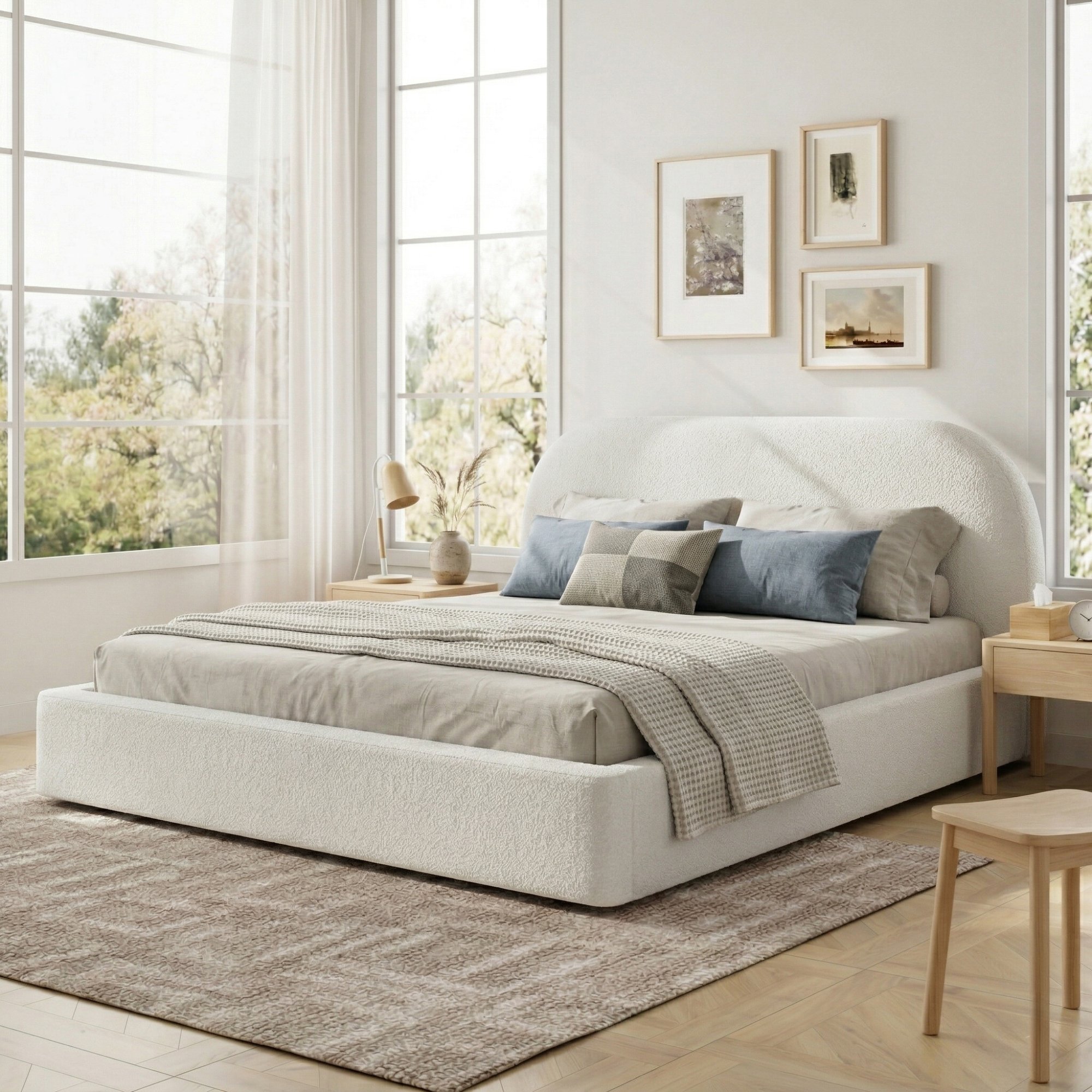 Lit capitonné 180x200 beige bouclé avec sommier à lattes, tête de lit rembourrée épaisse et structure stable sans matelas