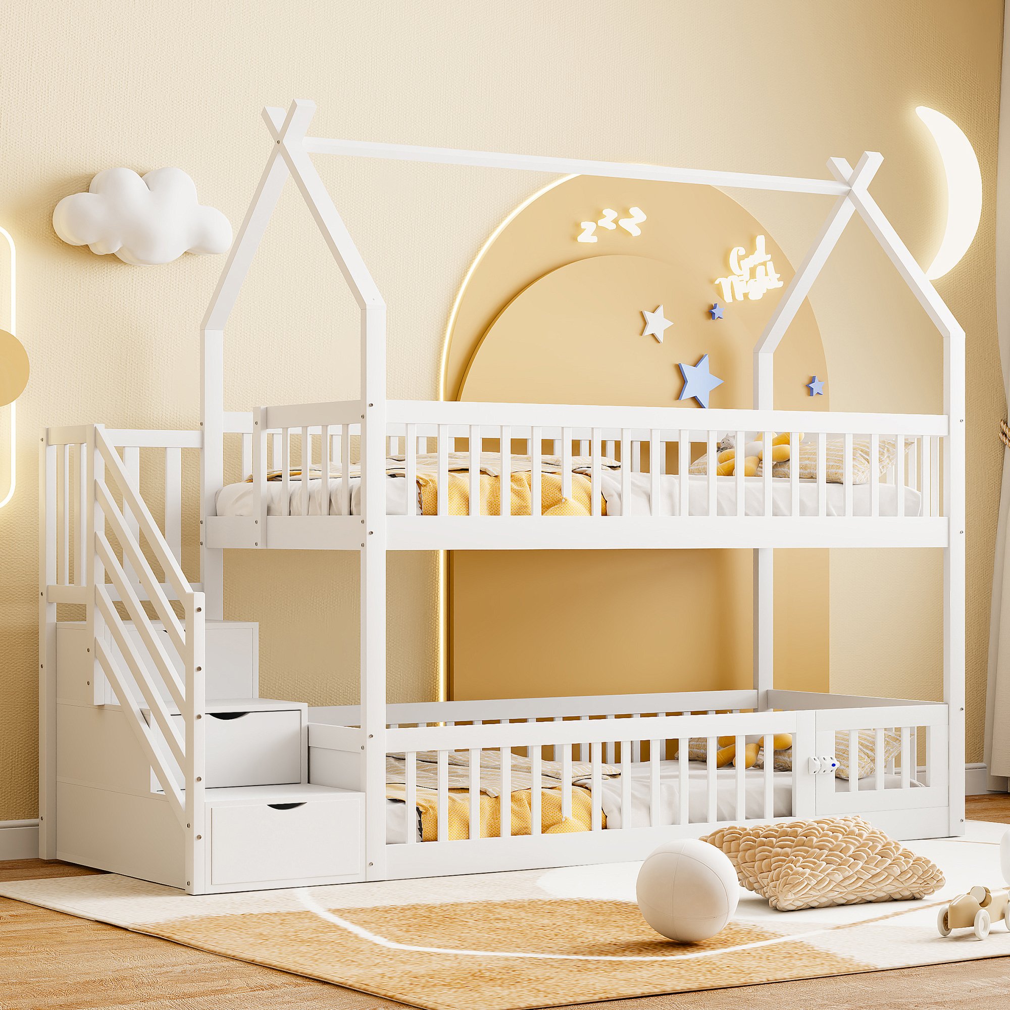 Lit superposé enfant 90x200 avec rangement, escalier sécurisé et toit en pin massif blanc