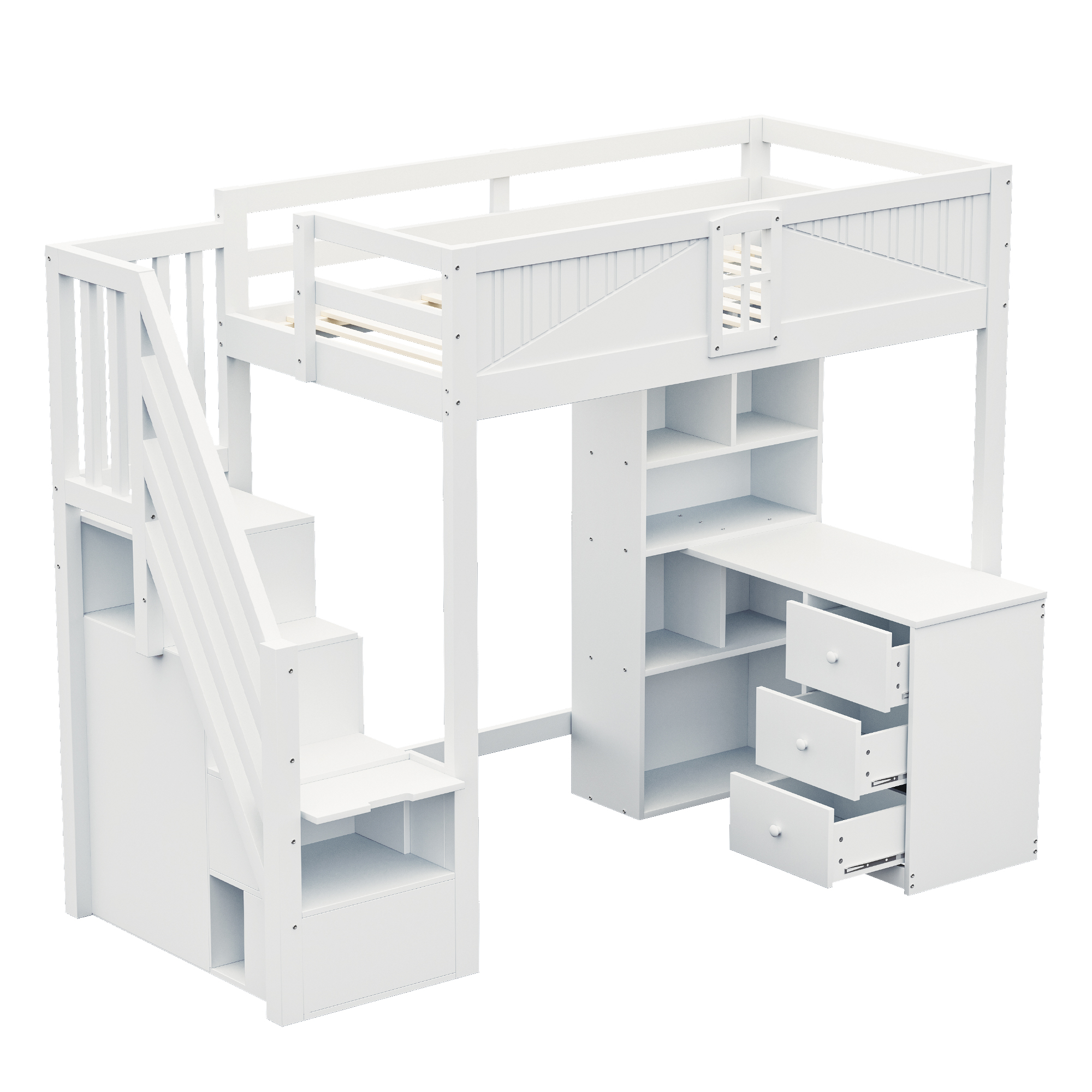 Lit mezzanine avec bureau intégré et rangements, 90x200, échelle réversible, sécurité enfant