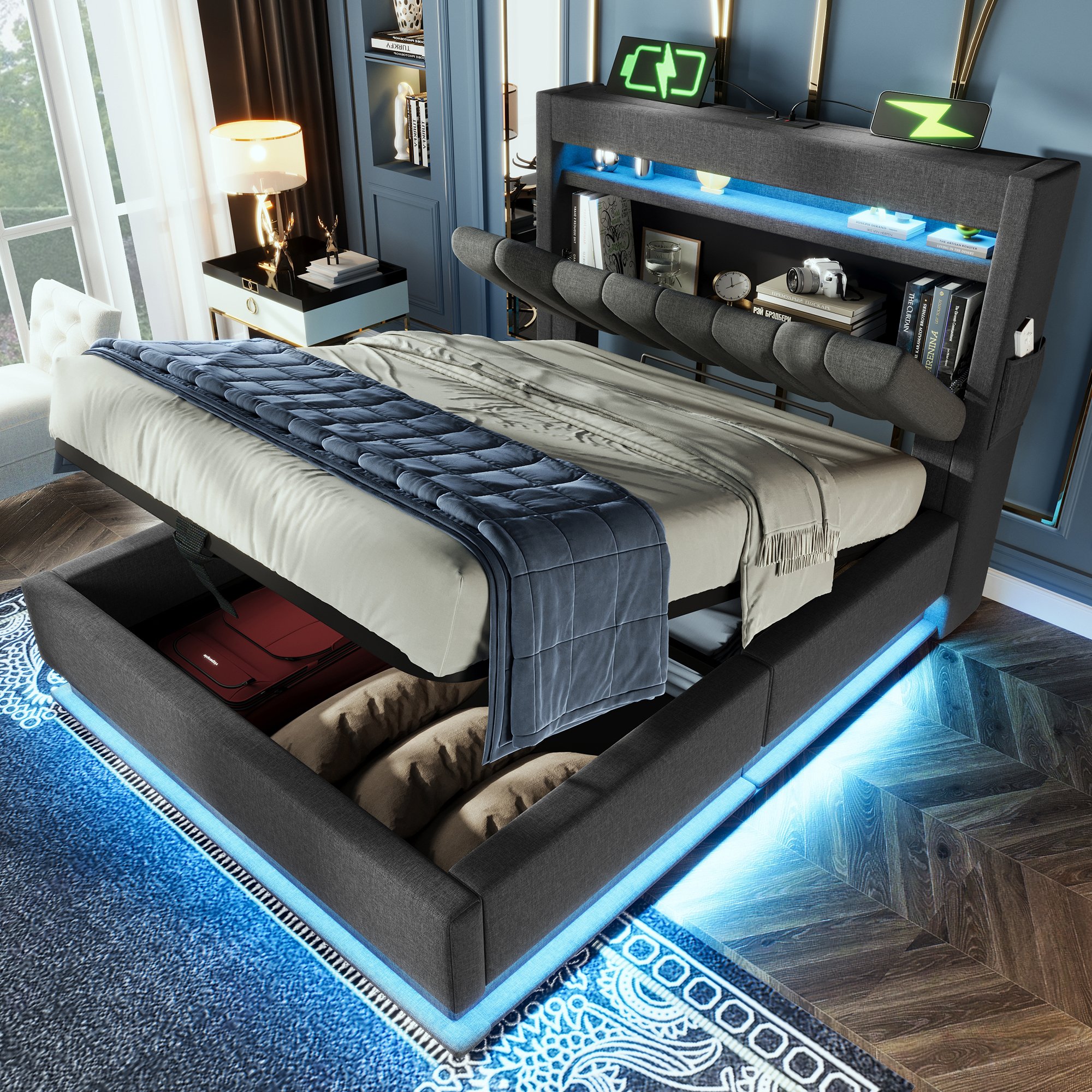 Lit coffre 90x200 gris en tissu lin avec LED musicale, ports USB Type-C et rangement hydraulique sous sommier à lattes