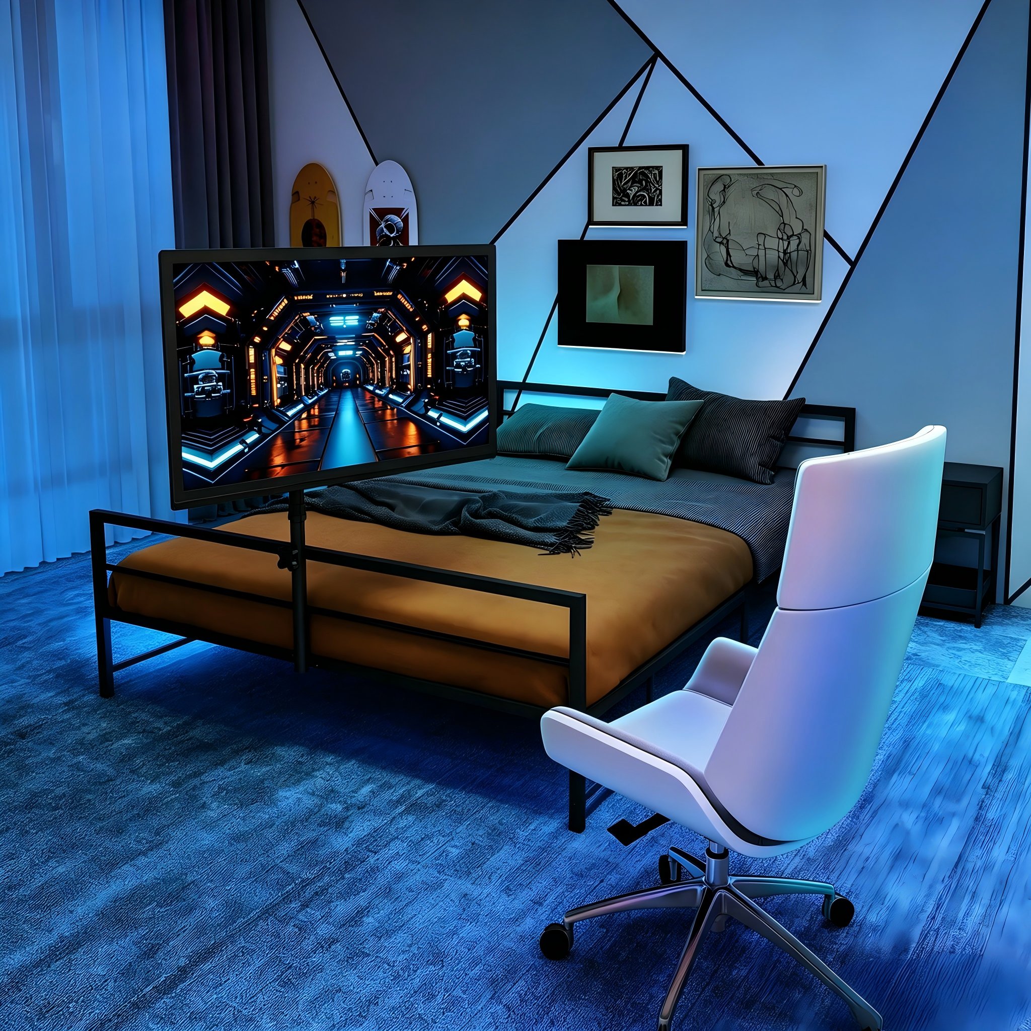 Lit coffre 90x200 avec LED et rangement pour chambre adulte, style gaming avec support moniteur