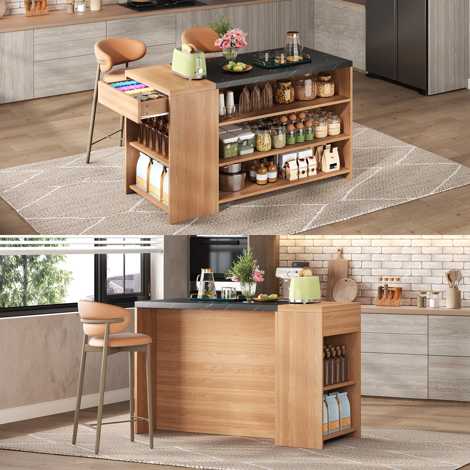 Îlot de cuisine avec rangement polyvalent, plan de travail robuste, tiroir caché, dimensions 140x60x90 cm, pour 2 personnes