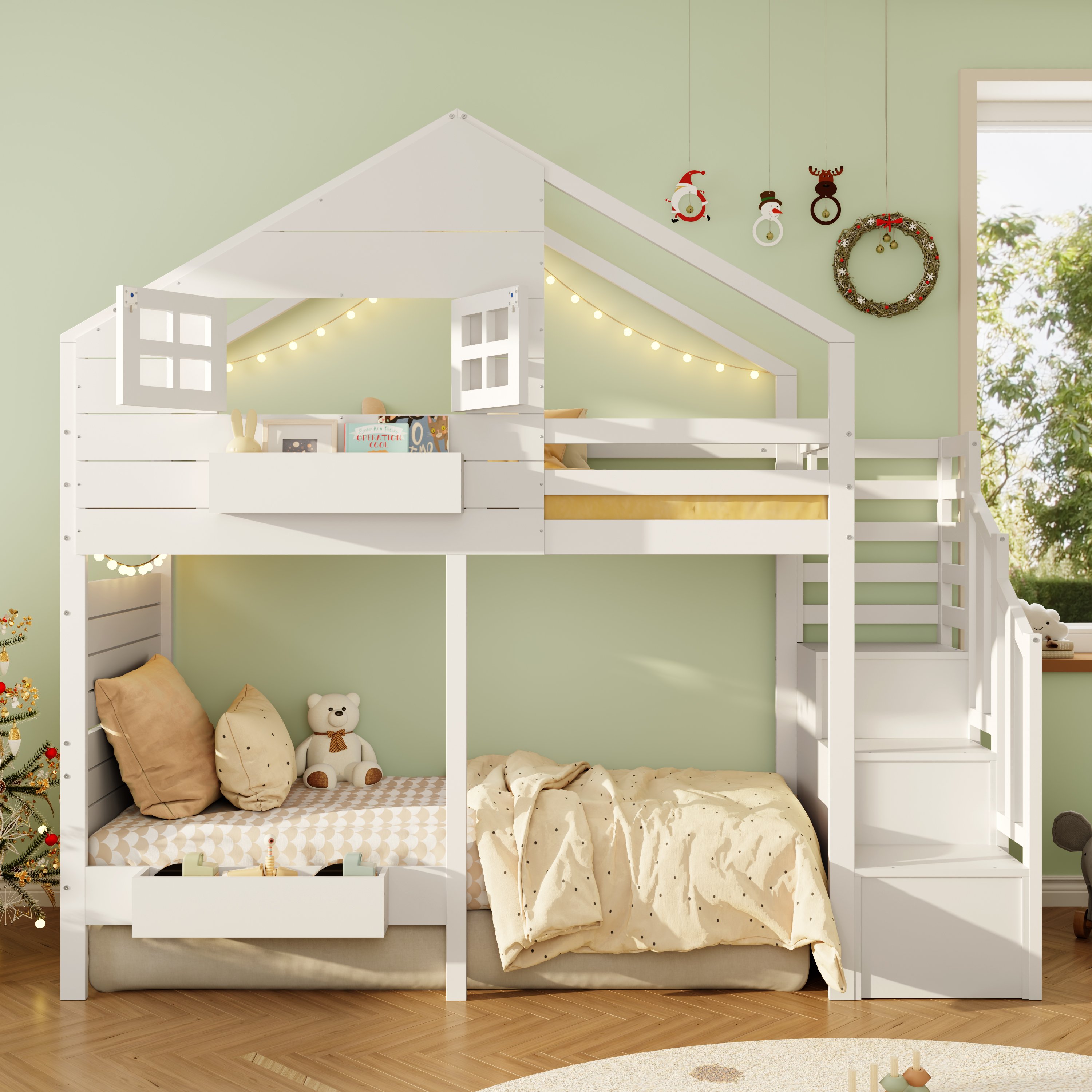 Lit superposé 90x200 cm dimensions totales 252,5 x 107 x 221,4 cm, charge max 120 kg, idéal pour petits espaces avec rangements