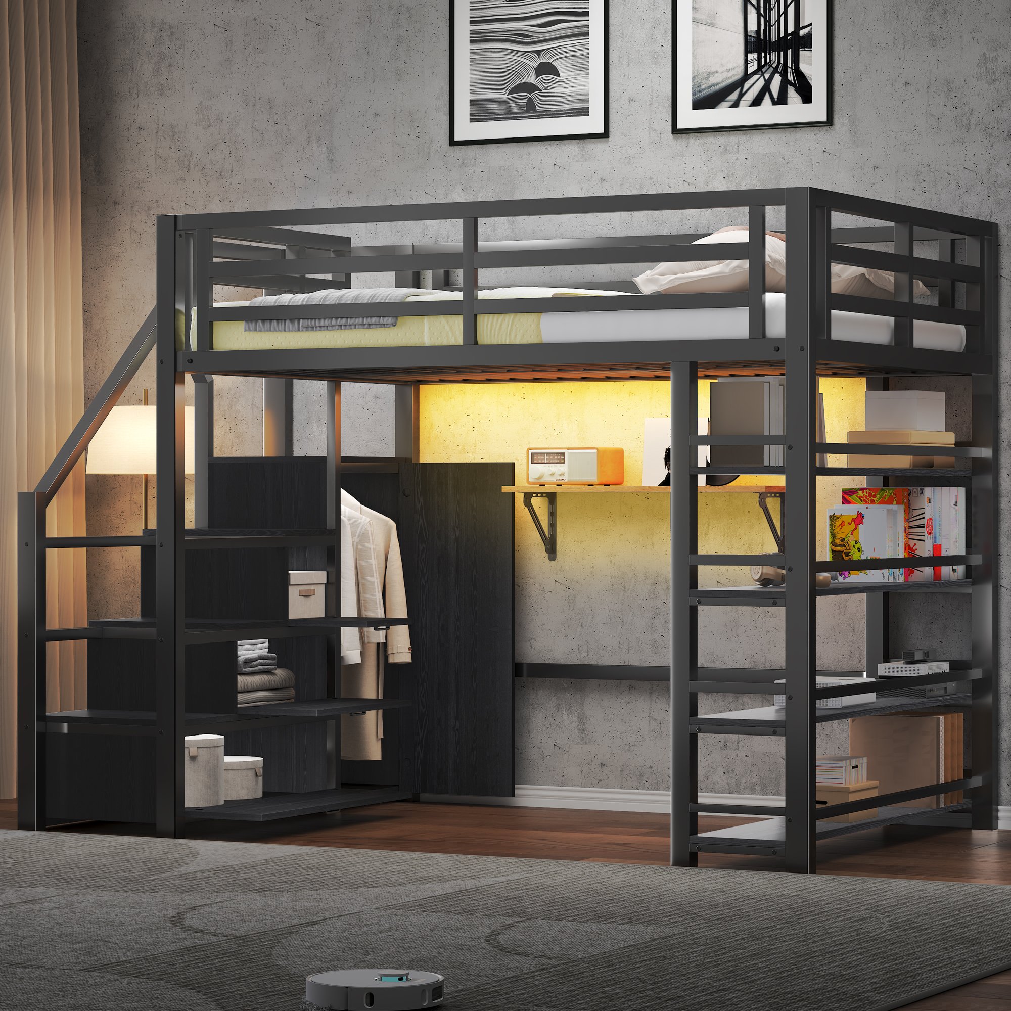Lit mezzanine 140x200 en métal et Panneau composite de fibres de bois à densité avec rangements, armoire et échelle intégrée