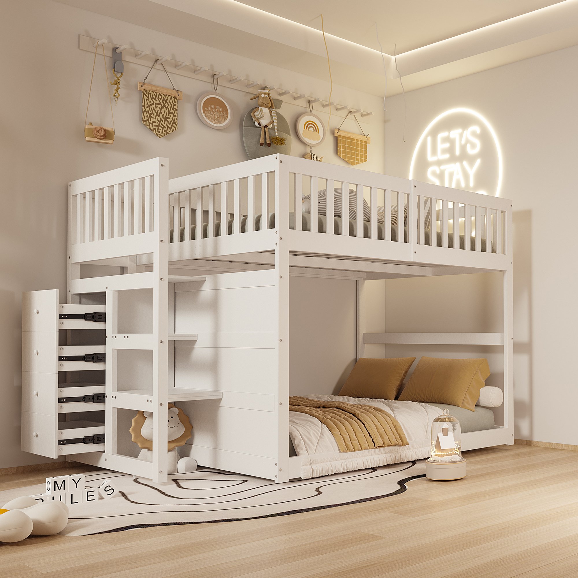 Lit superposé bas 140x200 avec rangement, escalier et barrière, bois blanc