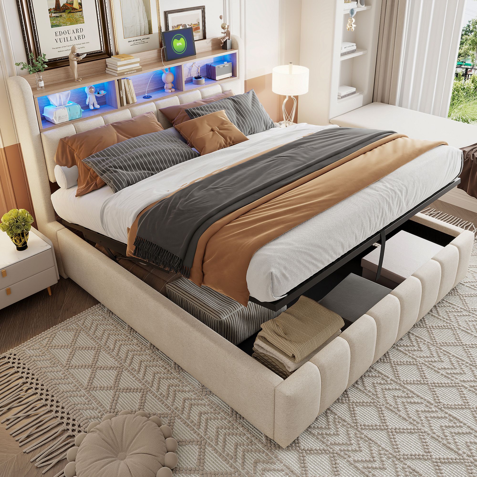 Lit coffre 180x200 beige en lin avec rangement hydraulique, LED et USB