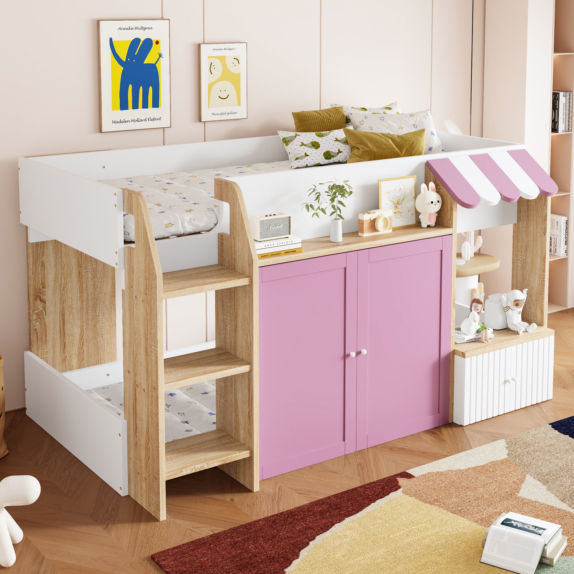 Lit cabane enfant 90x200 avec rangement et échelle, bois massif, blanc et rose, sans matelas