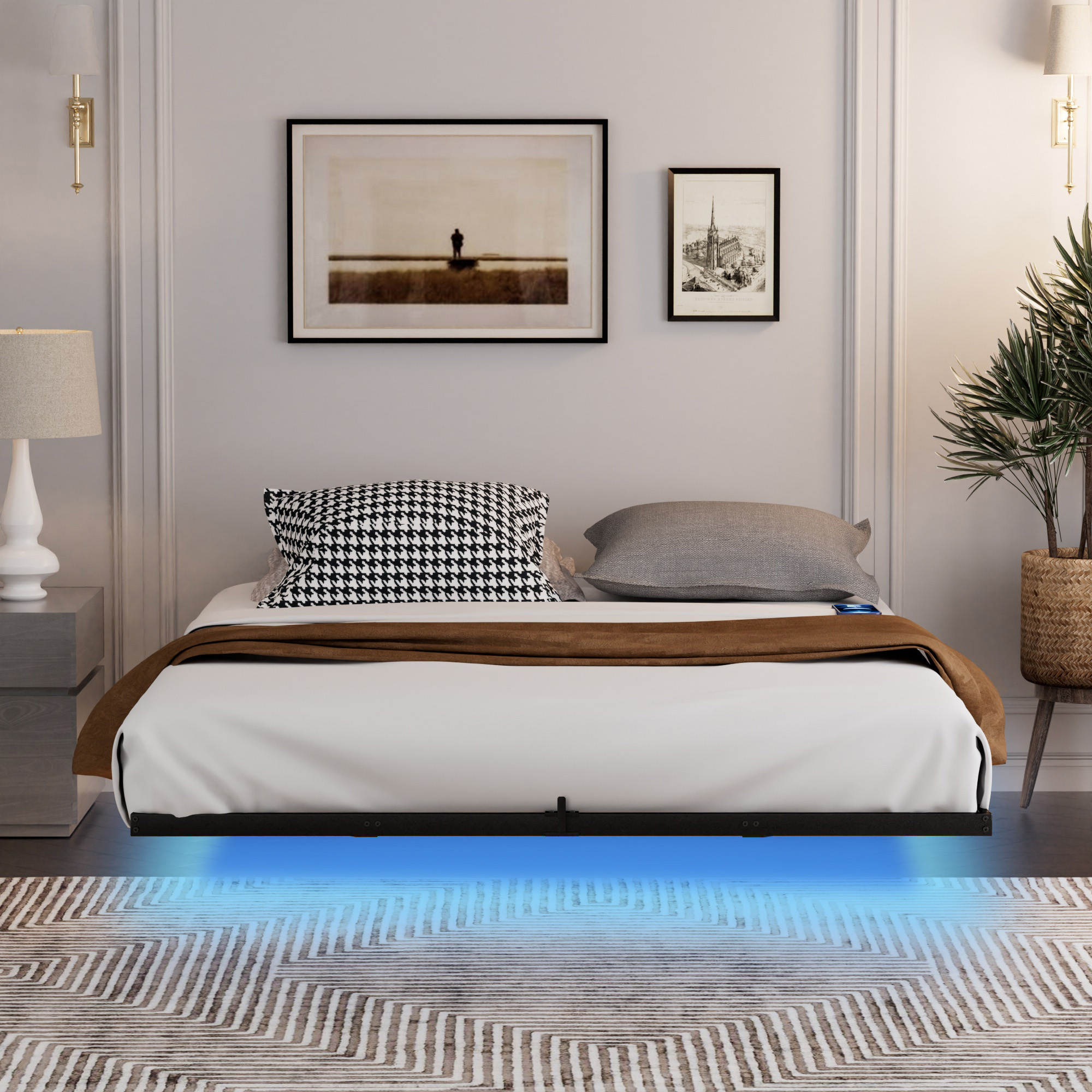 Lit 160x200 avec sommier à lattes, cadre métallique flottant avec LED, USB et Type-C, noir