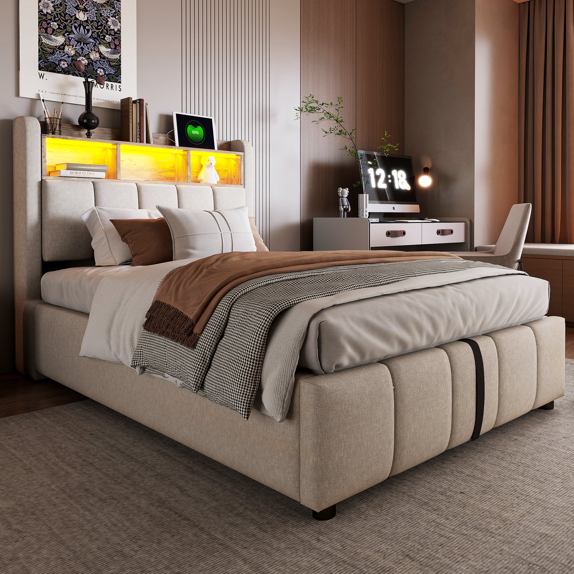 Lit coffre 90x200 en tissu lin beige, structure métallique et Panneau composite de fibres de bois à densité, avec sommier à lattes et rangement hydraulique