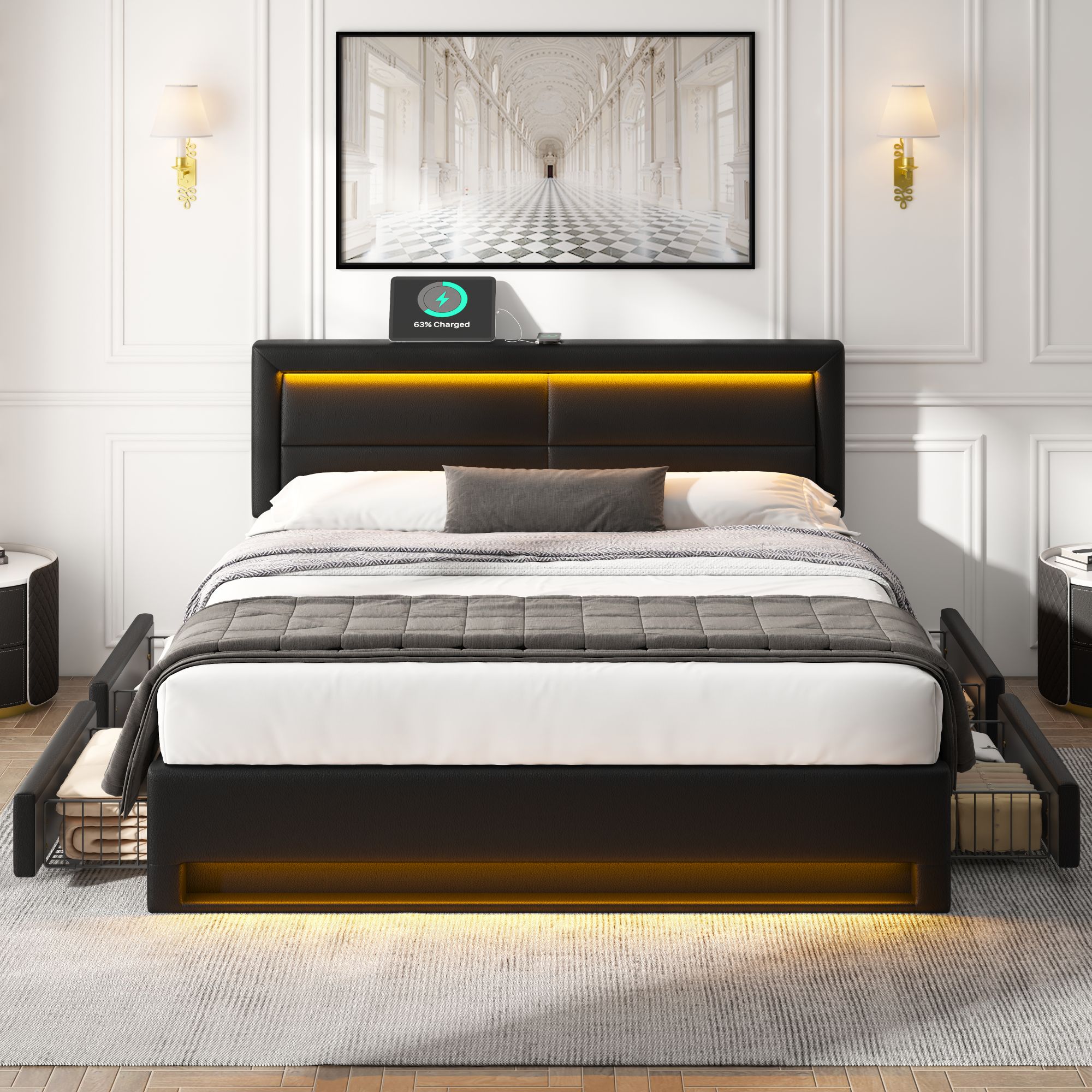 Lit rembourré 140x200 noir en PU motif litchi avec 4 tiroirs, éclairage LED multicolore et ports USB pour chargement pratique.