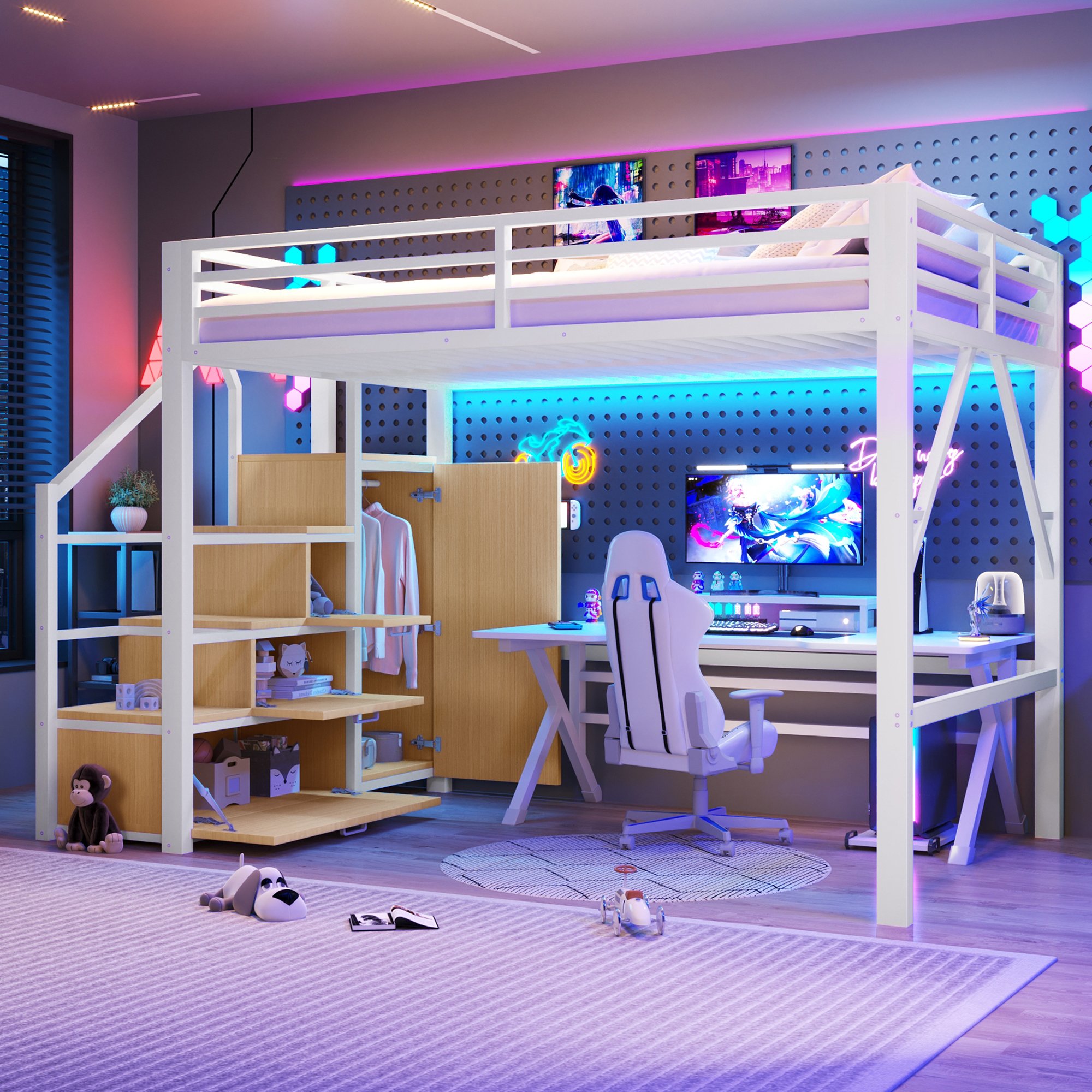 Lit mezzanine 140x200 avec rangements et armoire, métal blanc, LED