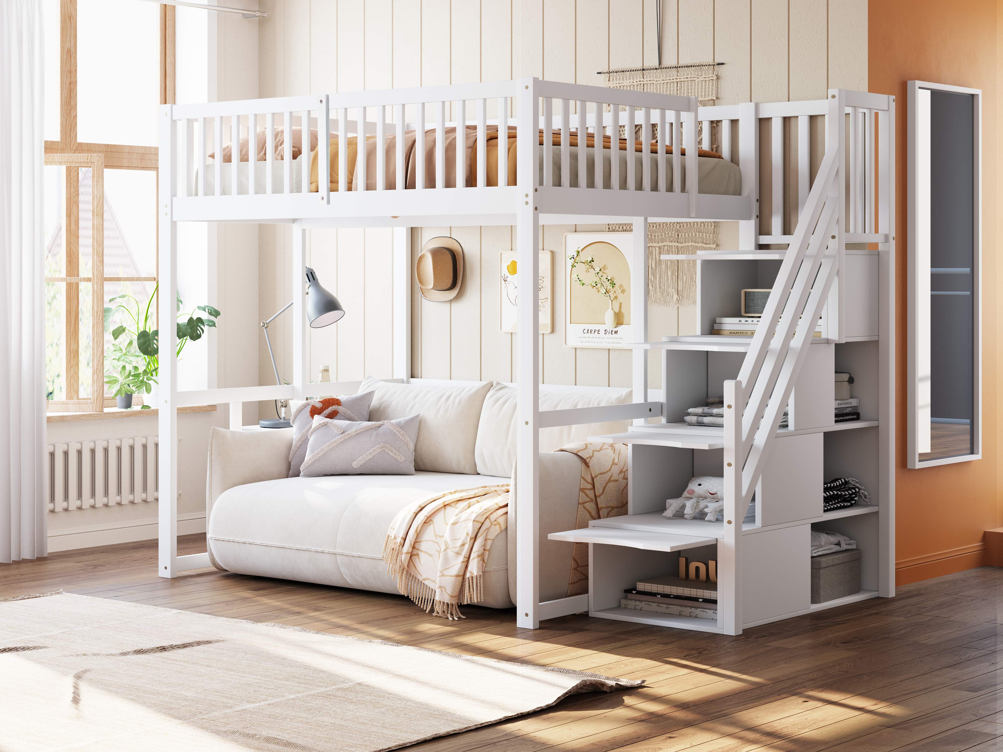 Lit mezzanine 140x200 blanc en pin massif avec échelle de rangement et sécurité