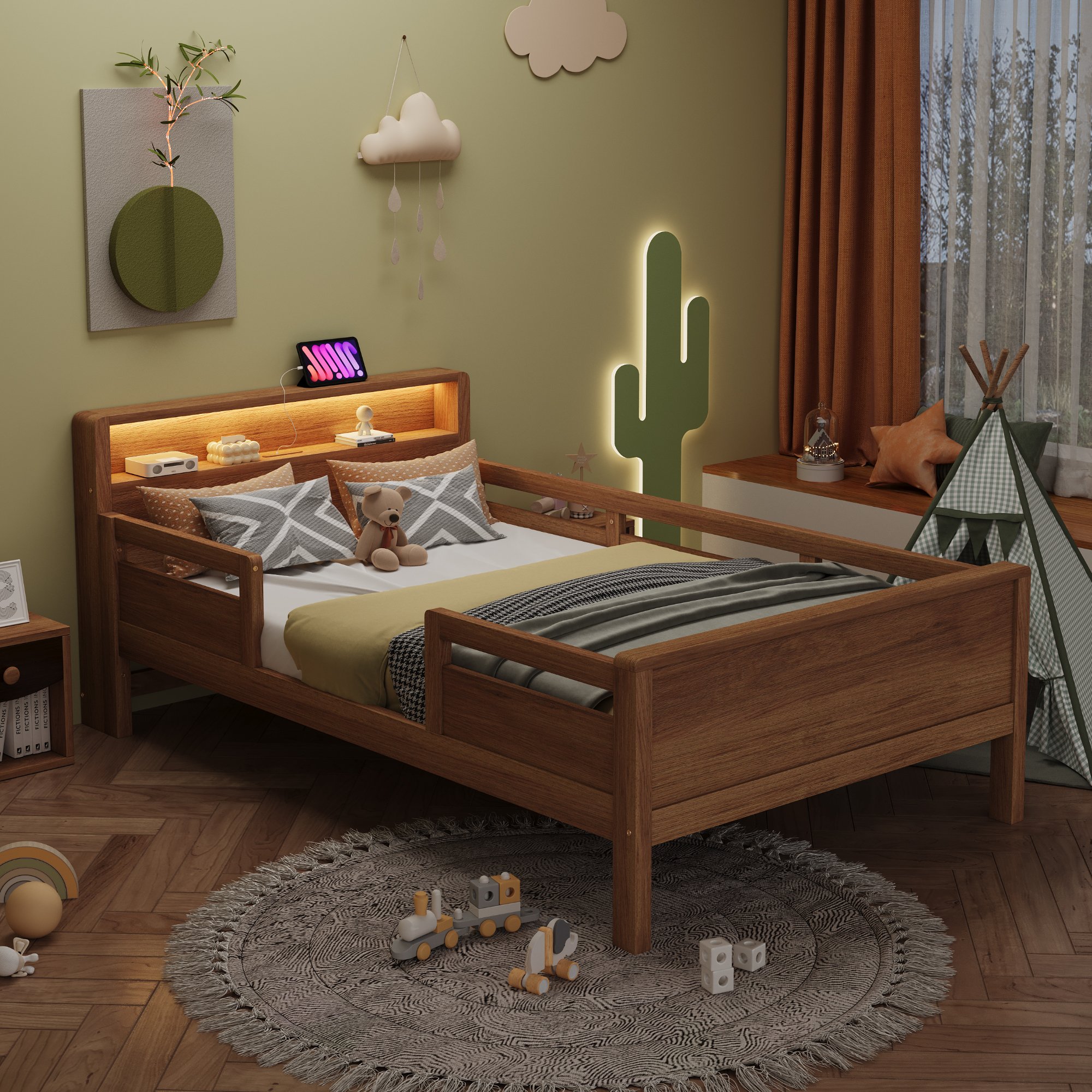 Lit enfant 90x200 en pin avec tête de lit rangement, LED et ports USB, barrière de sécurité
