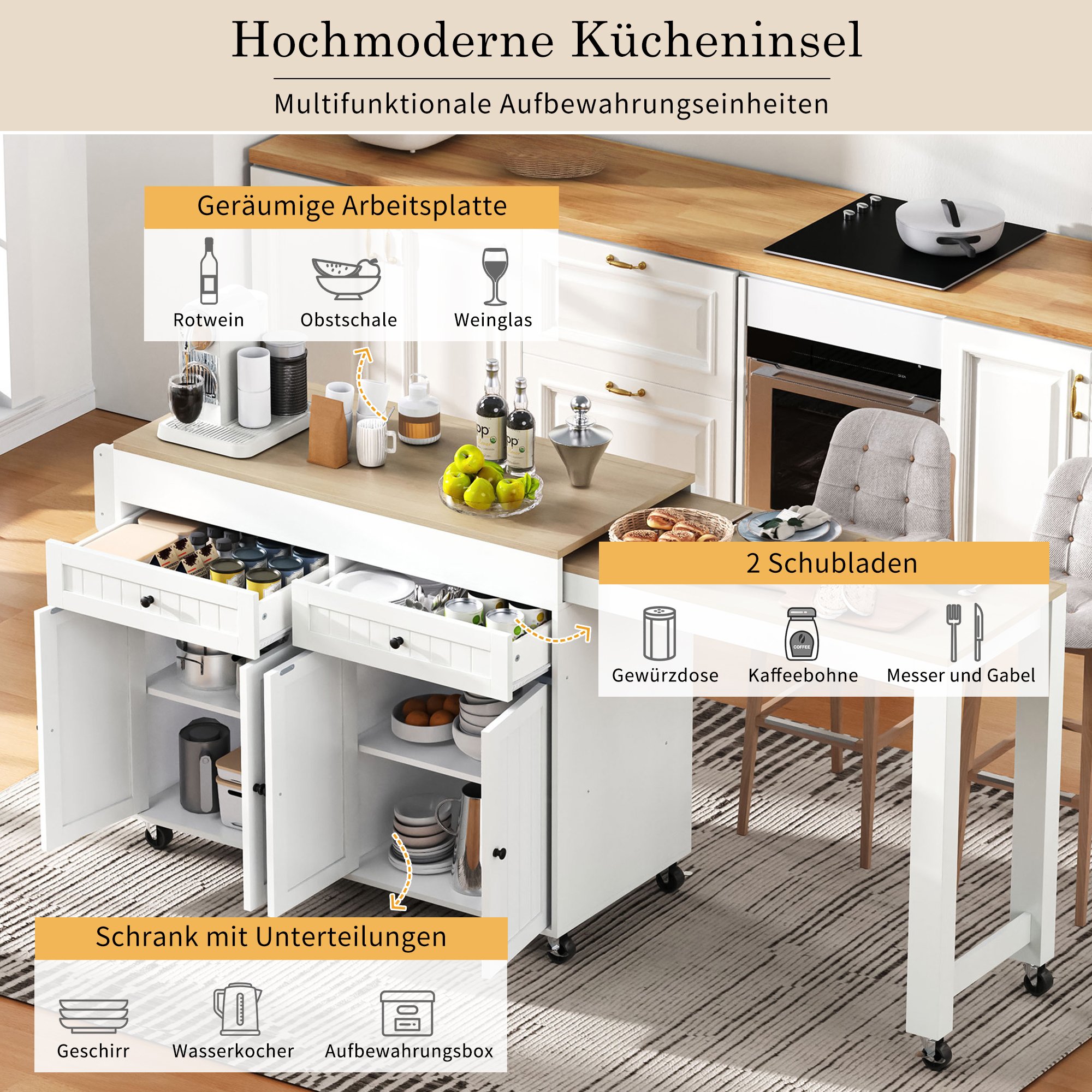 Îlot de cuisine sur roulettes blanc et bois naturel avec plan de travail extensible, rangements et tiroirs, 112-180,5 cm