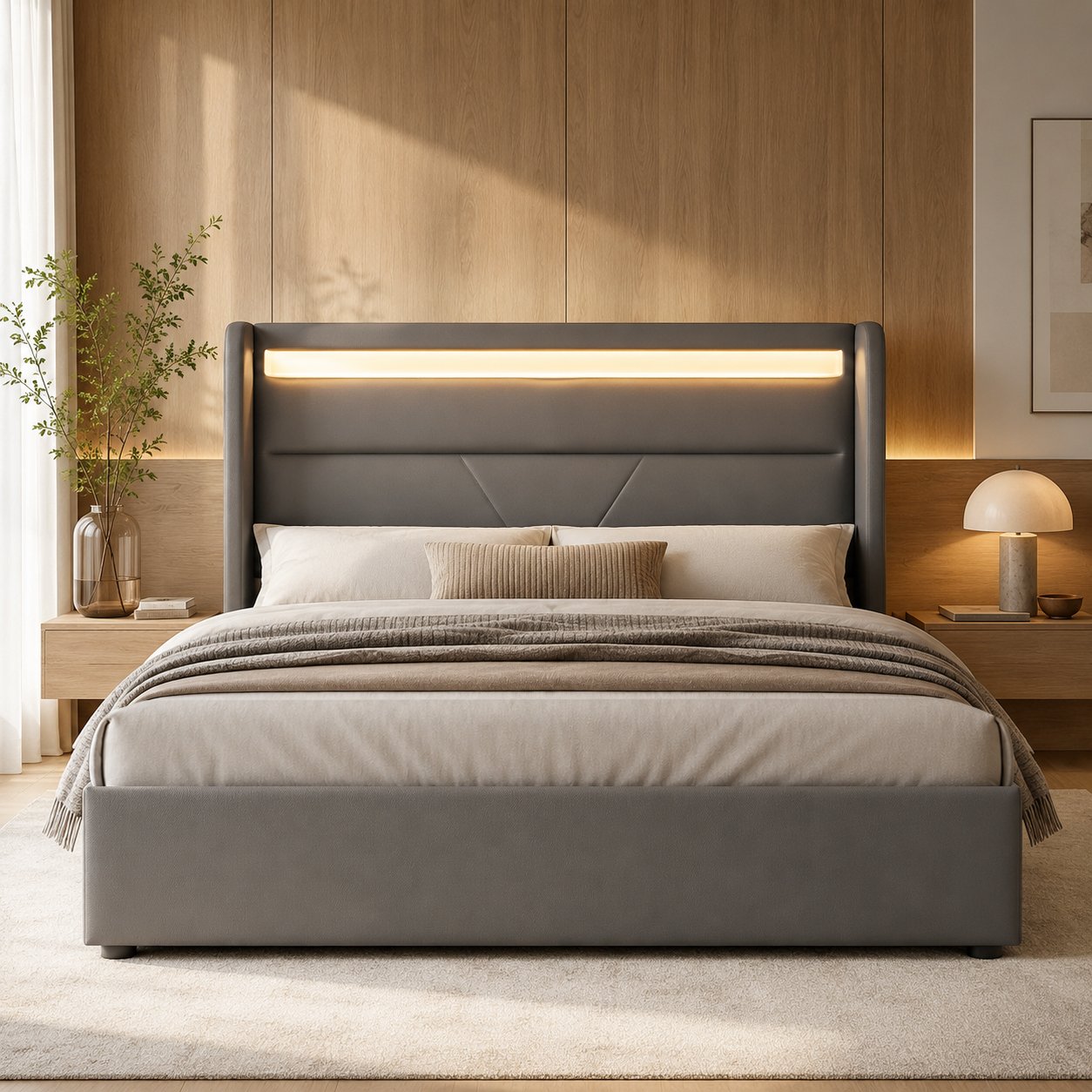 lit coffre 140x200 gris avec LED et télécommande, rangement hydraulique et tissu PU