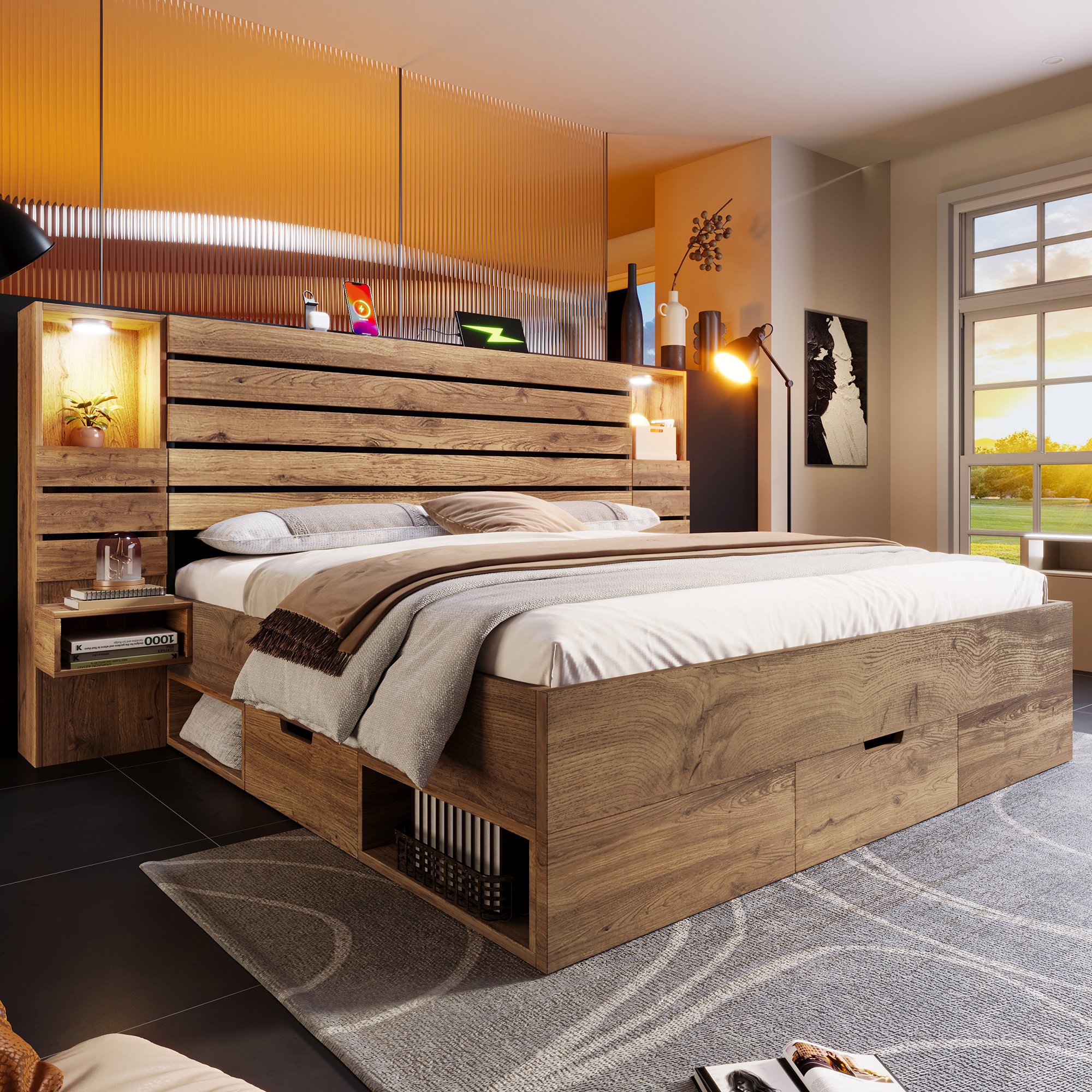 Cadre de lit coffre Panneau composite de fibres de bois à densité métal effet chêne 180x200 avec LED, USB, tiroirs et tables flottantes