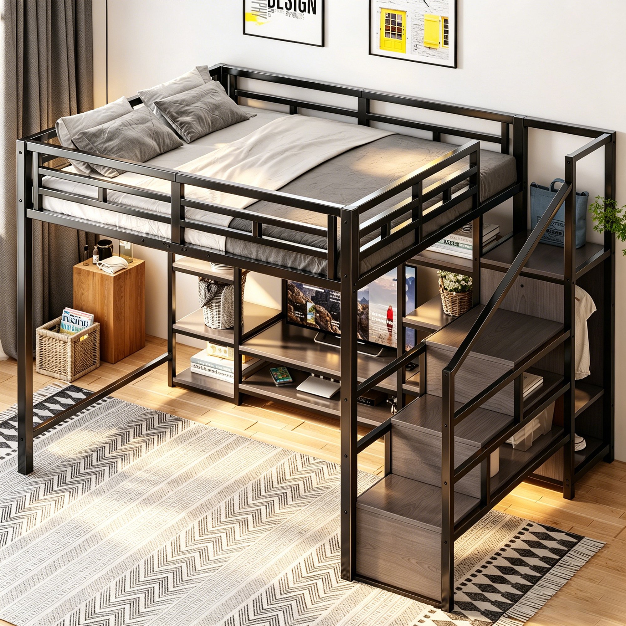 Lit mezzanine 140x200 cm 2 places en métal et bois avec échelle de sécurité et rangement