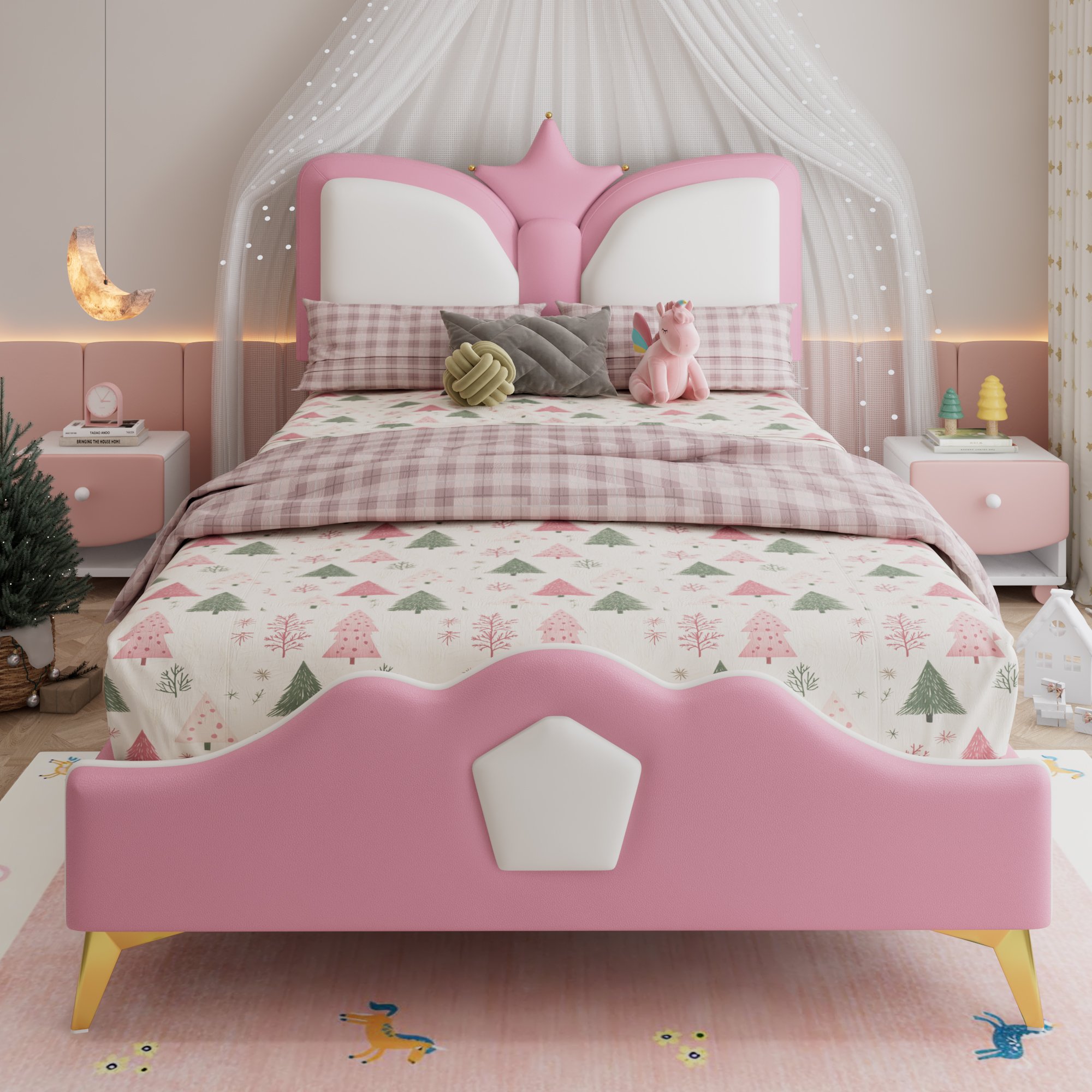 Lit enfant 90x200 rose et blanc avec tête de lit couronne, bords en mousse et cadre stable