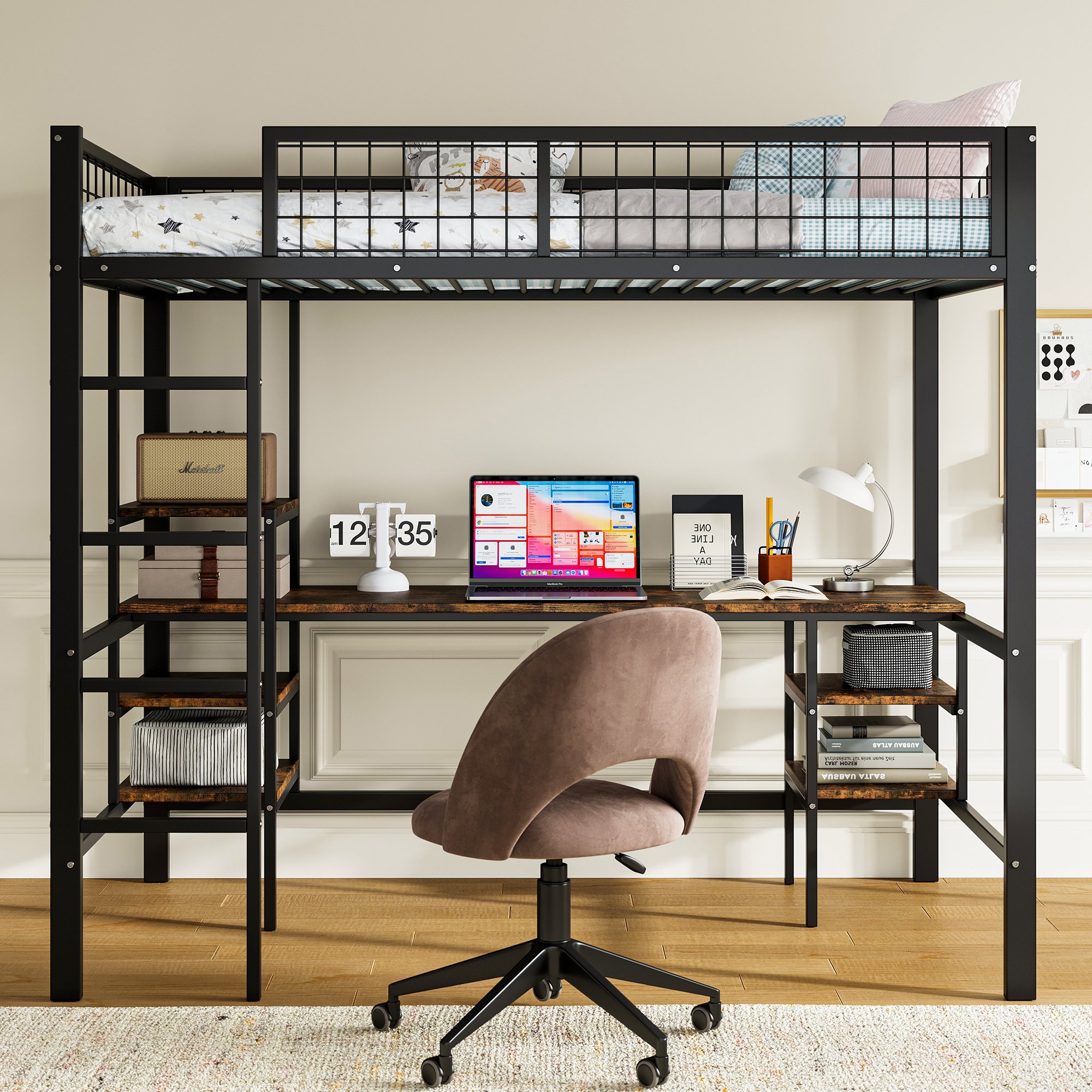 Lit superposé 90x200 avec bureau et rangement, en fer noir et bois foncé, échelle 4 marches, EN747