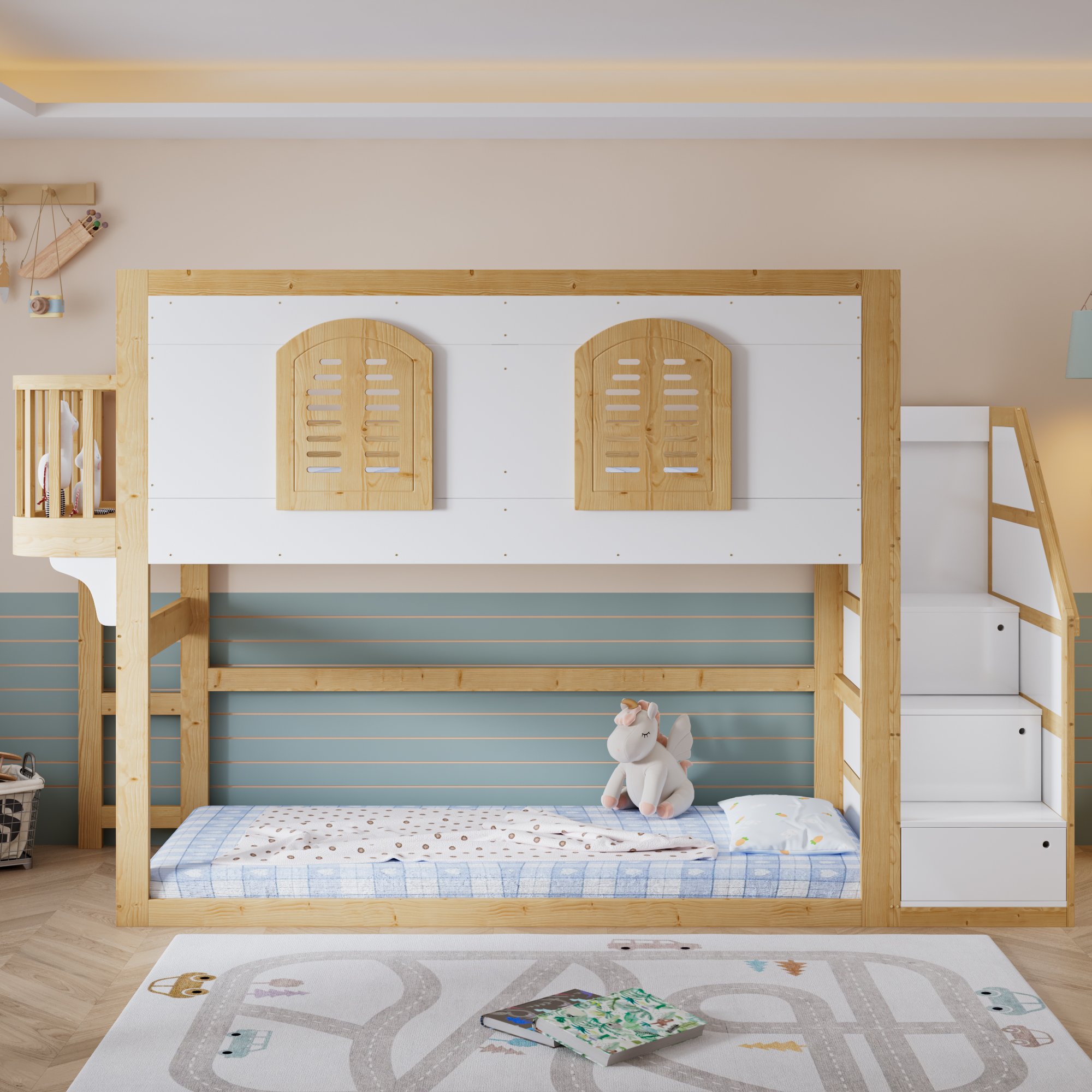 Lit mezzanine enfant 90x200 en bois massif blanc et naturel avec escalier et rangement
