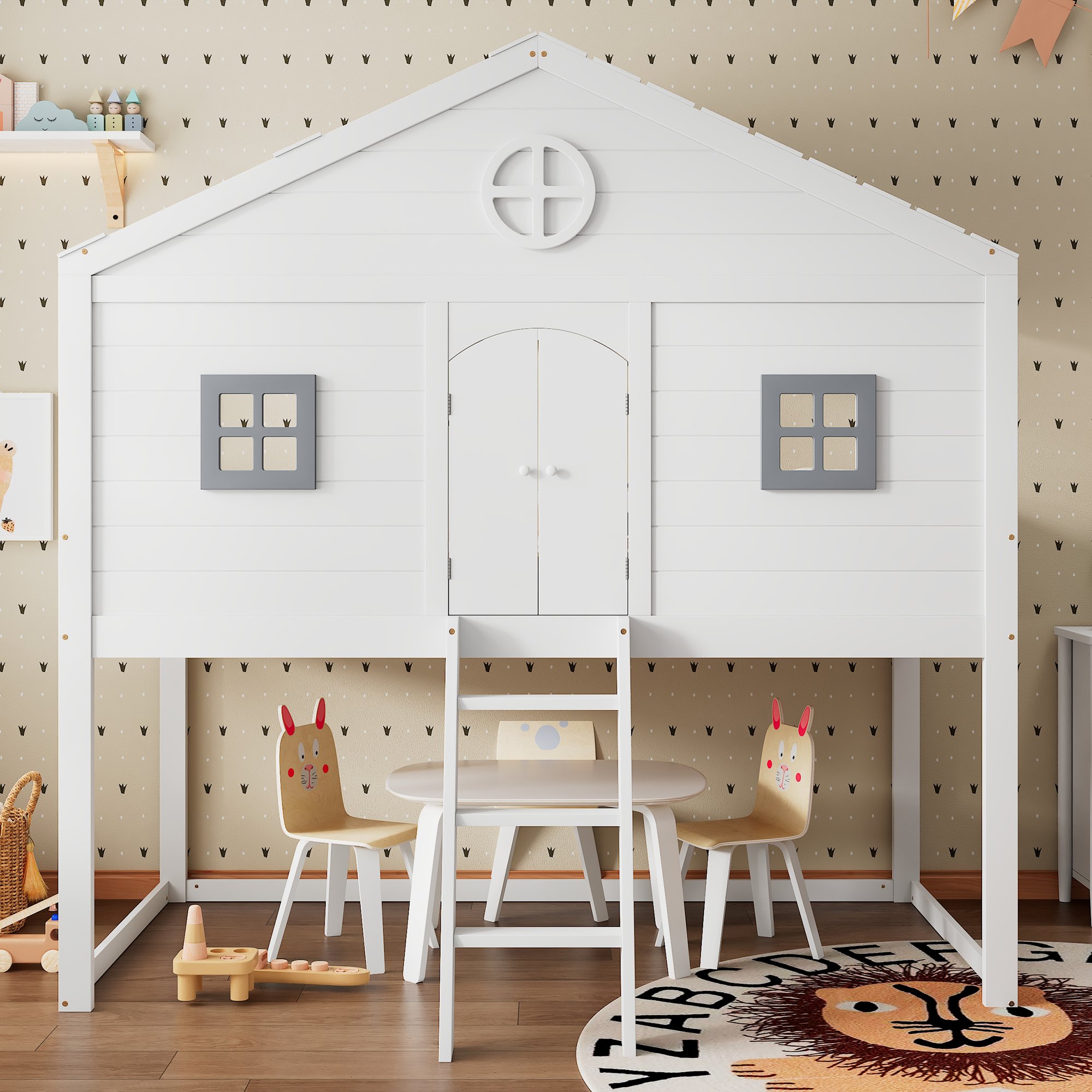 Lit cabane 90x200 en pin blanc et gris avec échelle, garde-corps et rangement
