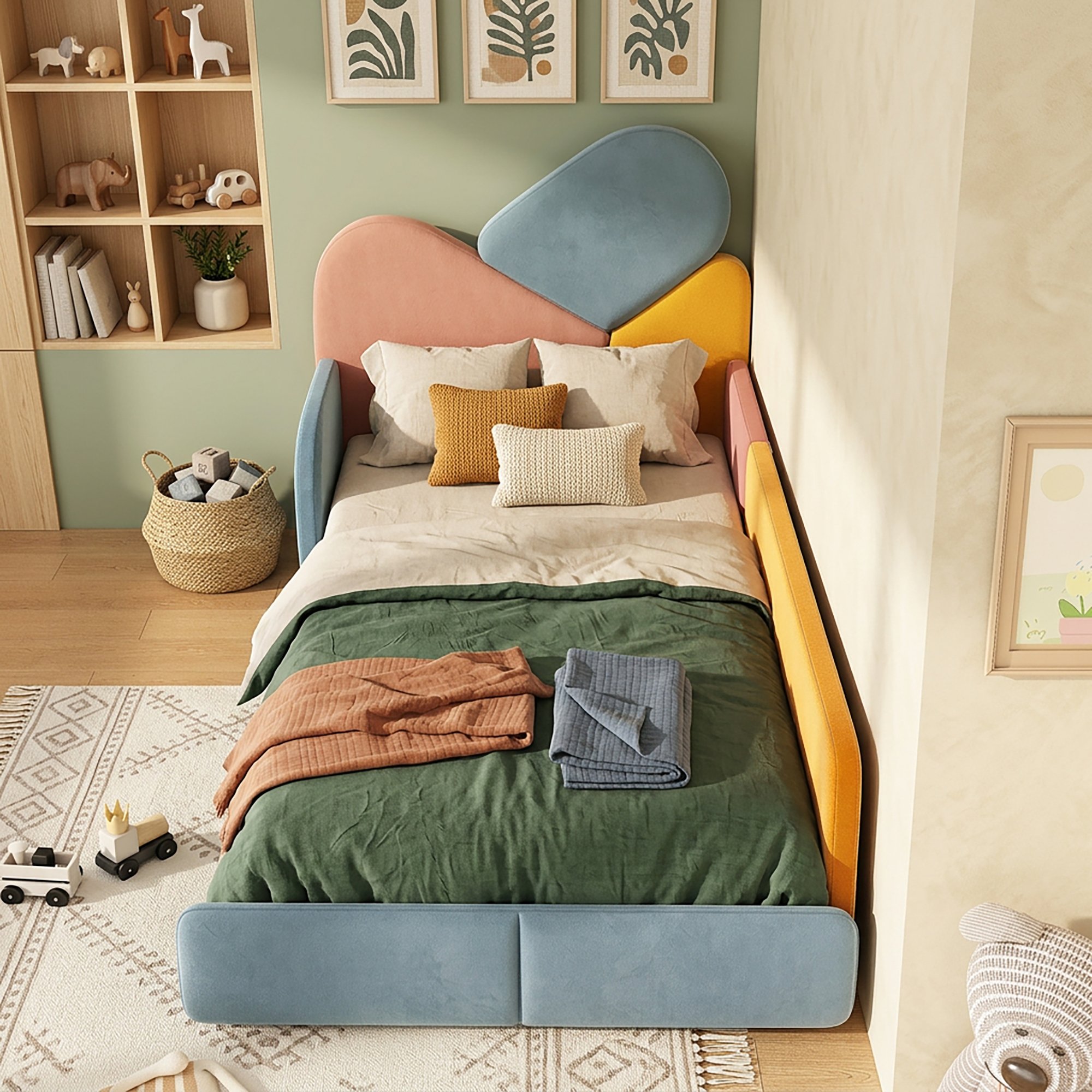 Lit enfant 90x200 cm avec protection latérale, design patchwork bleu, rose et jaune