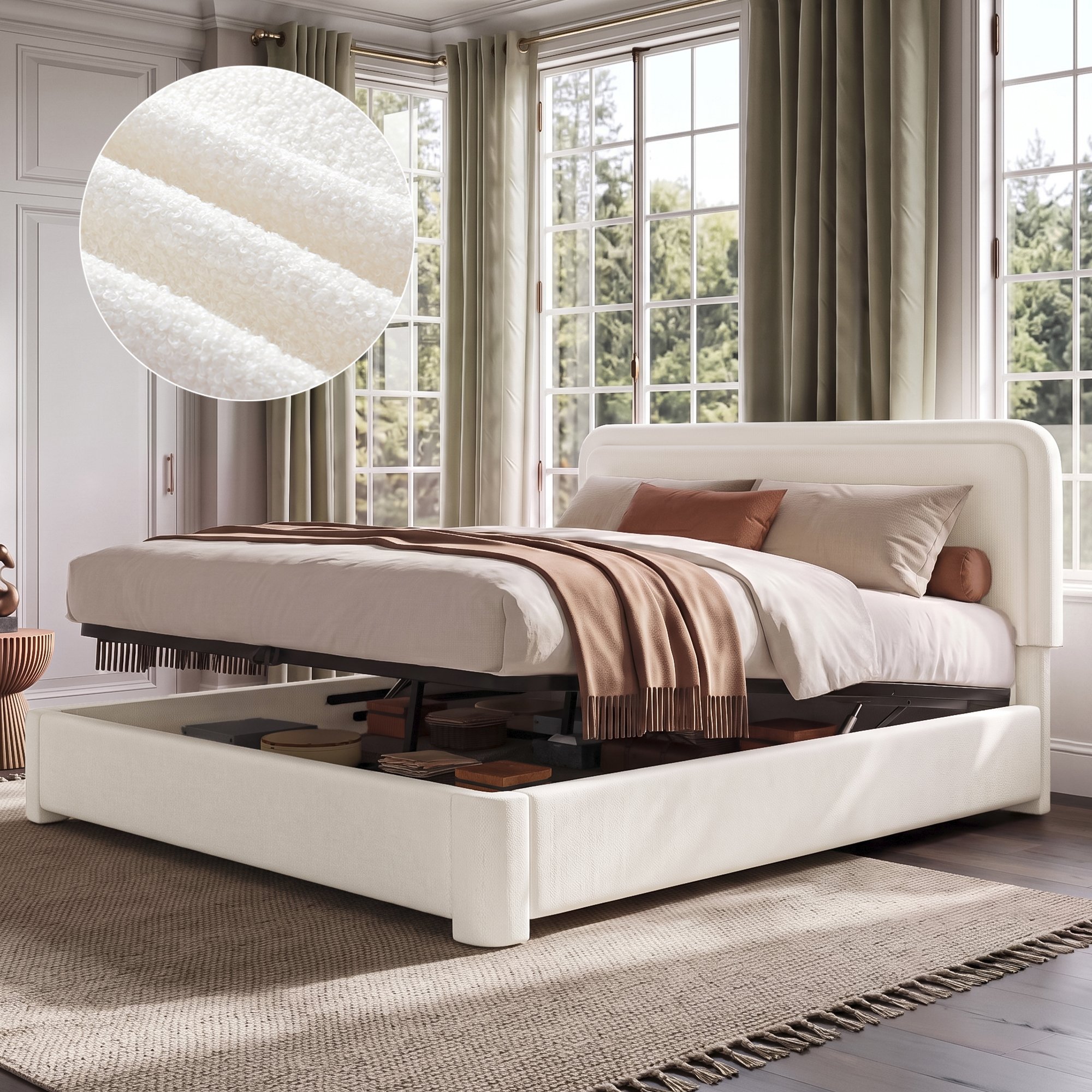 Lit coffre double 160x200 blanc bouclé, système de rangement hydraulique pratique et tête de lit ajustable pour confort optimal