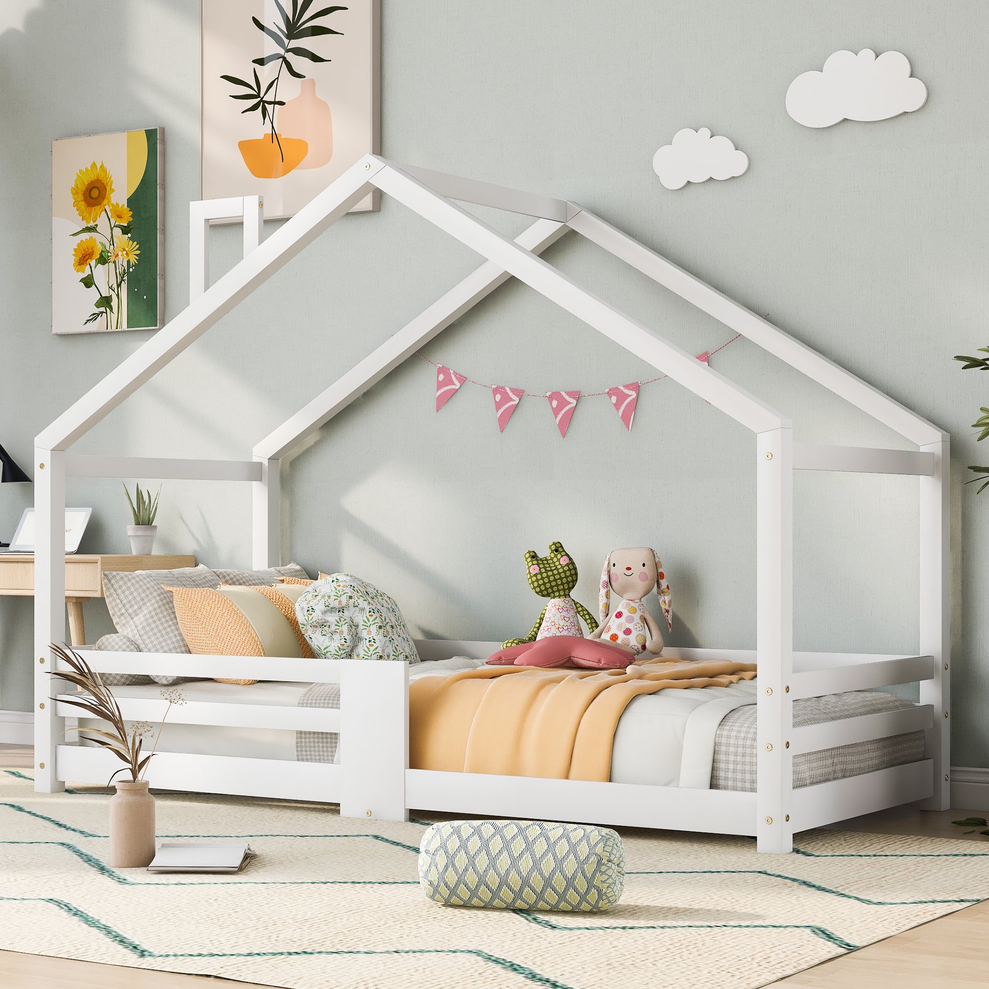 Lit cabane enfant 90x200 blanc, lit maison bois pin massif avec sommier lattes et barreaux sécurité pour chambre