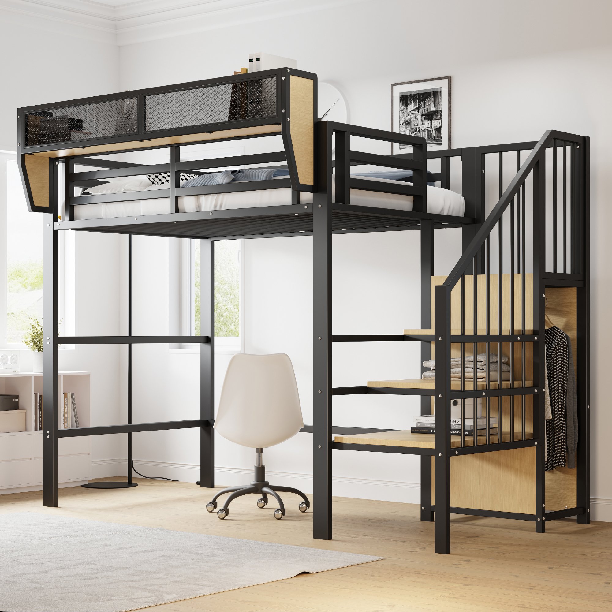 Lit mezzanine avec échelle de sécurité et rangement flexible, couchage 90x200