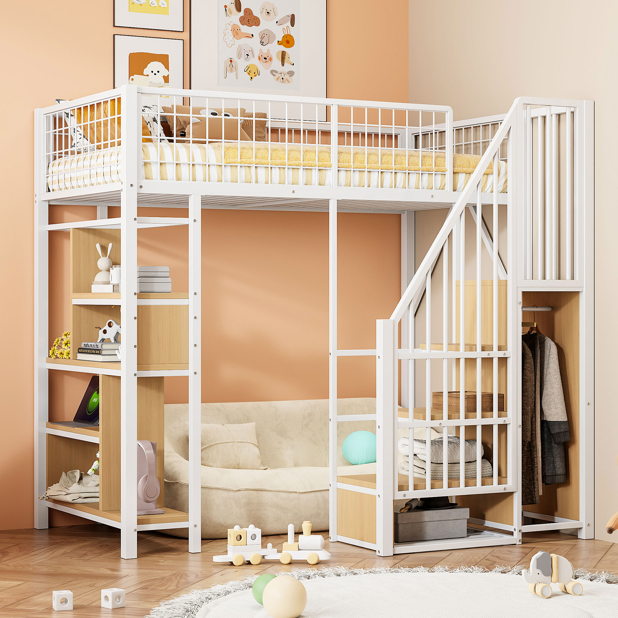 Lit mezzanine 90x200 avec rangement, escalier et armoire, pour adulte et enfant, blanc