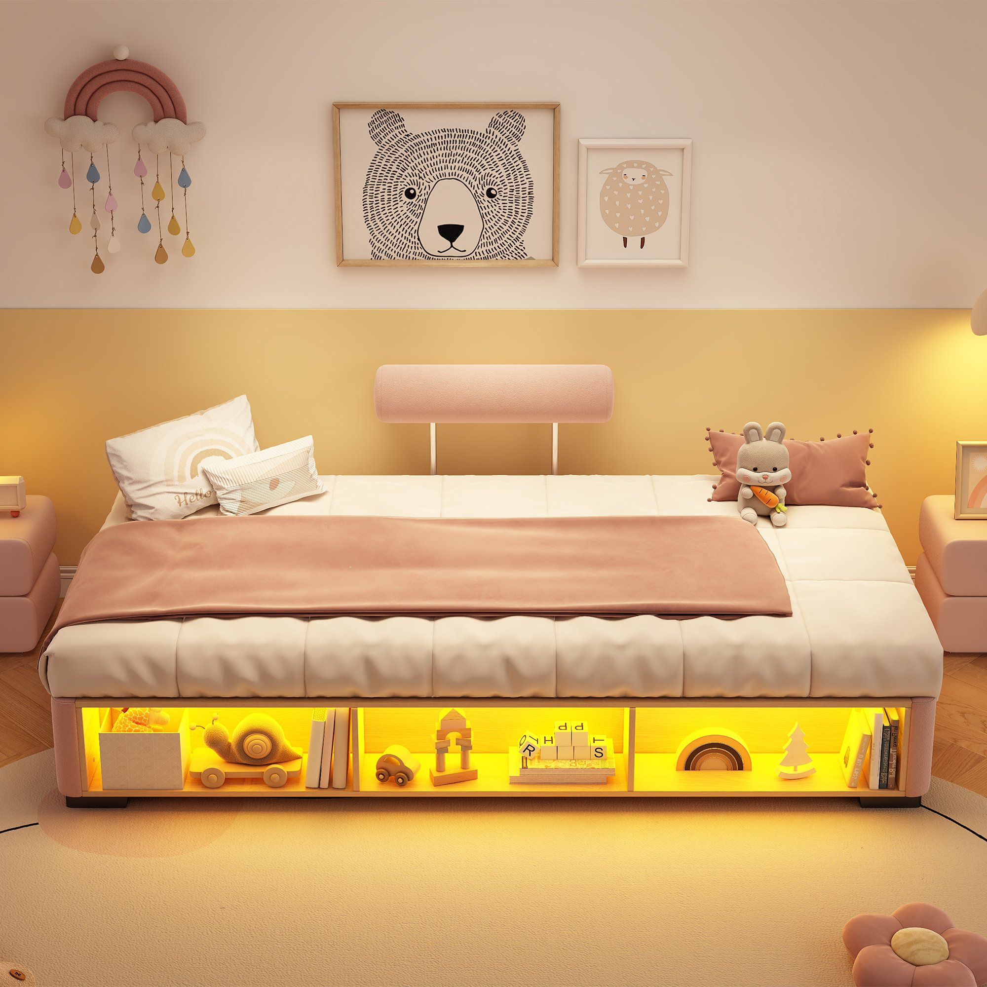 Lit enfant avec rangement, 90x200 cm, velours rose, étagère latérale avec LED, tête de lit rembourrée