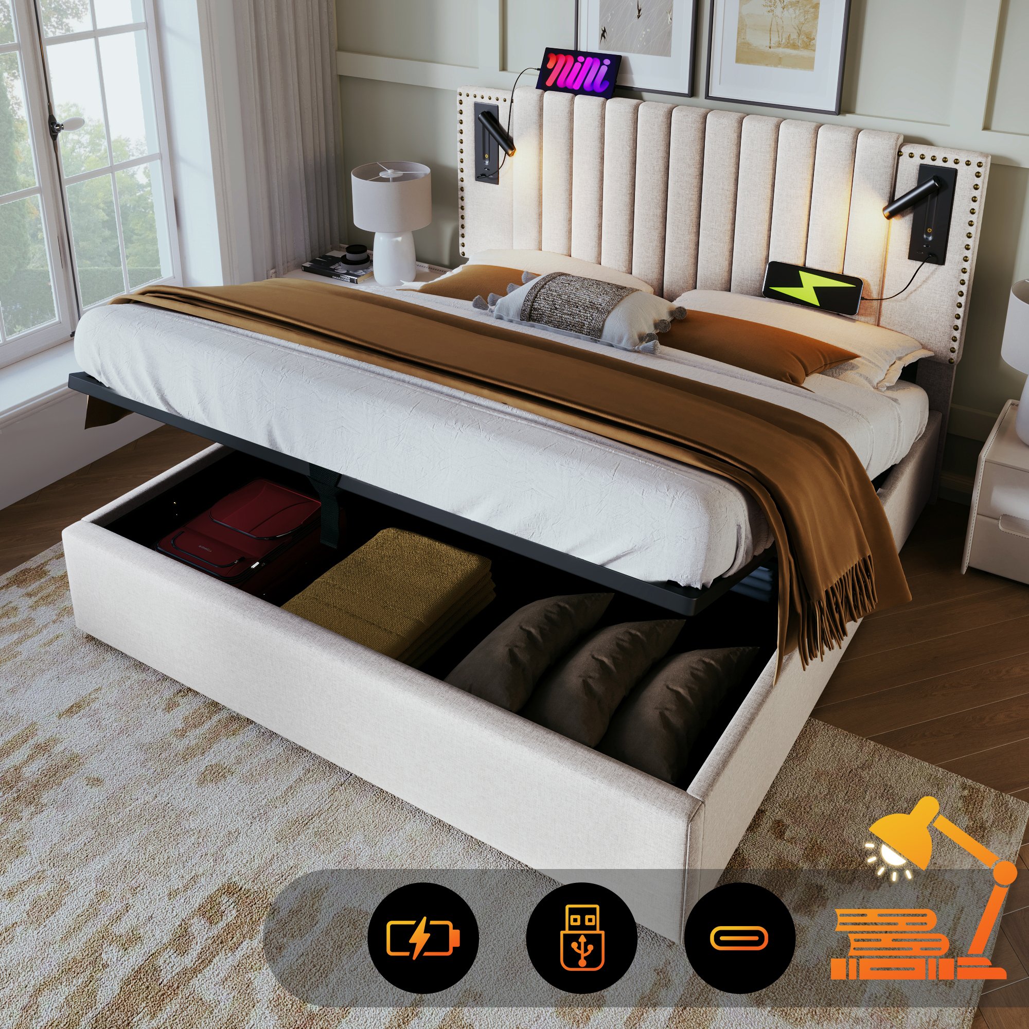 lit coffre 160x200 beige, tête de lit rembourrée avec LED et USB, coffre de rangement hydraulique, sommier à lattes inclus