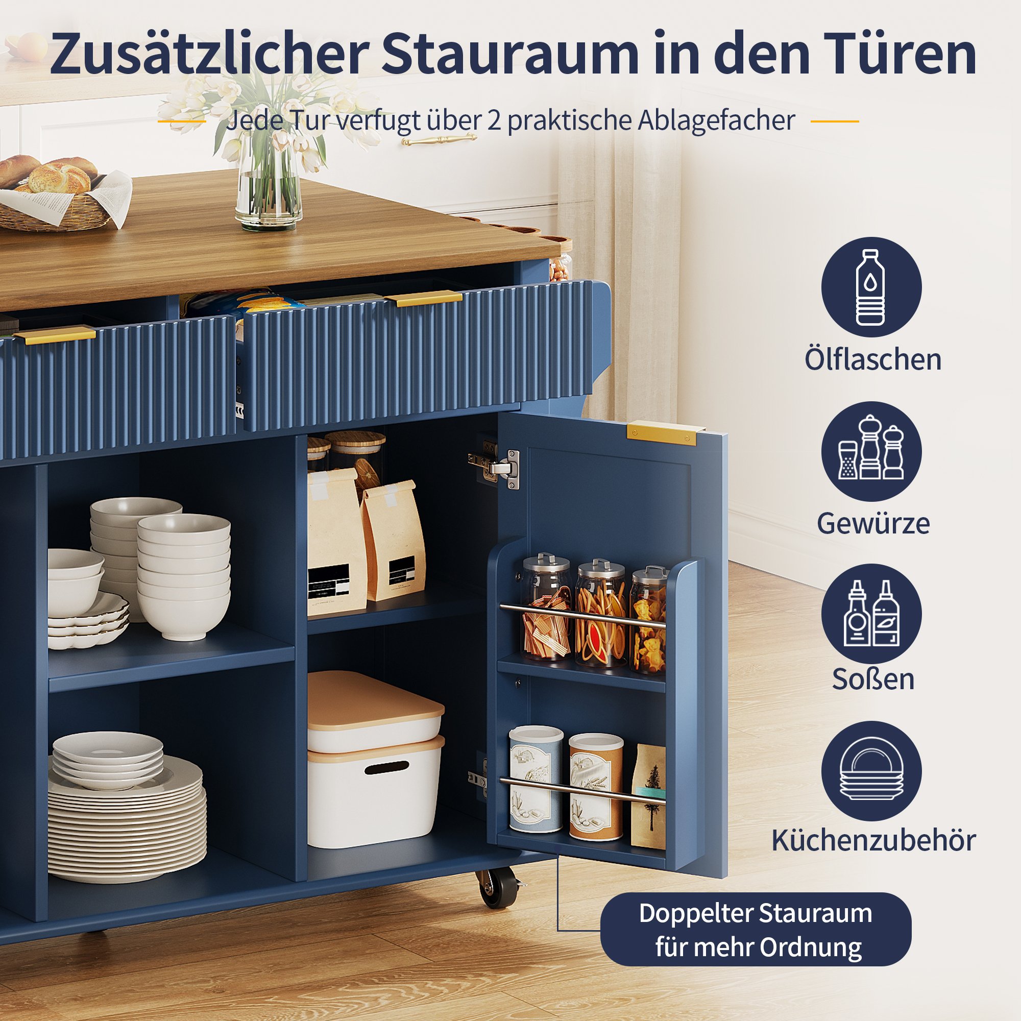 Îlot de cuisine sur roulettes 120x45 cm avec plan rabattable, 2 tiroirs, 2 portes, étagères à épices et porte-serviettes, bleu et marron