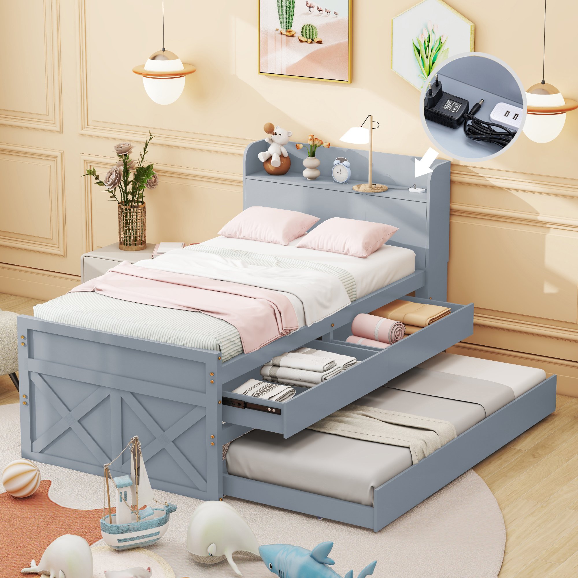 Lit gigogne 90x190 pour enfant ou invité, avec rangement, tiroirs et table de chevet, bois massif gris