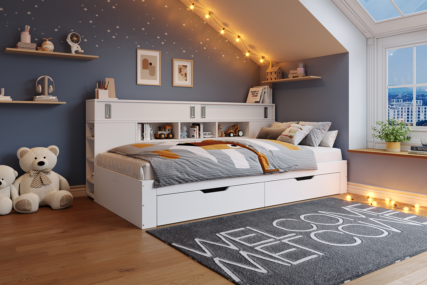 Lit 140x190 avec sommier blanc Panneau composite de fibres de bois à densité, lit coffre enfant avec tiroirs silencieux et armoire, sans matelas, montage facile