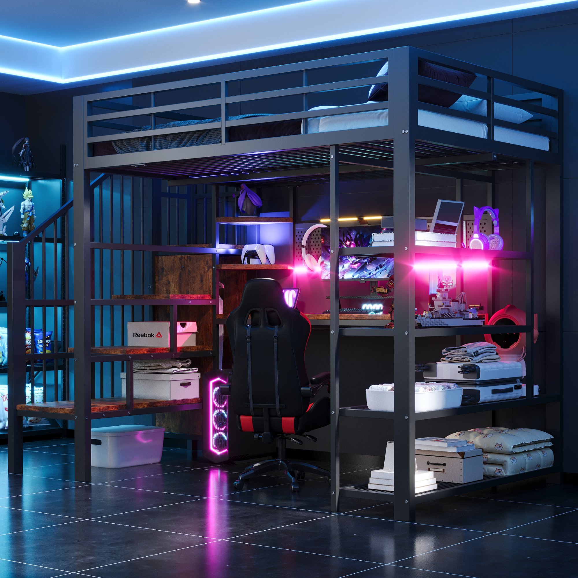 Lit mezzanine 140x200 avec bureau intégré, rangements, LED et prises, structure métallique noire