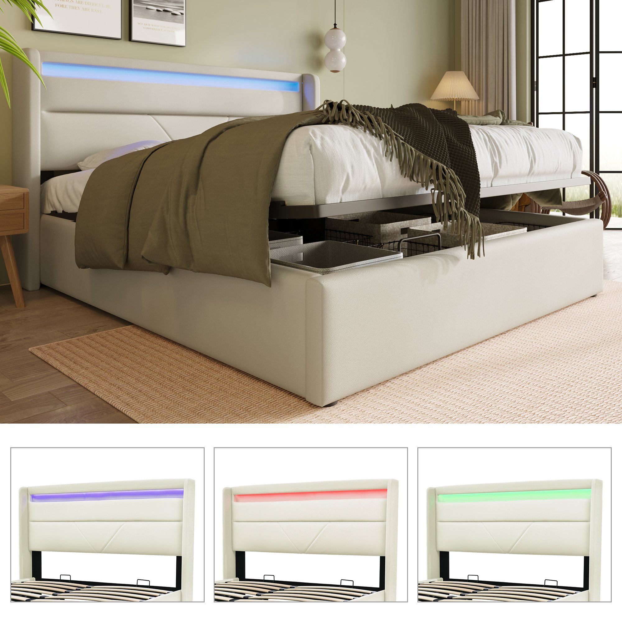 lit coffre 140x200 blanc avec rangement hydraulique et LED, incluant matelas ressorts
