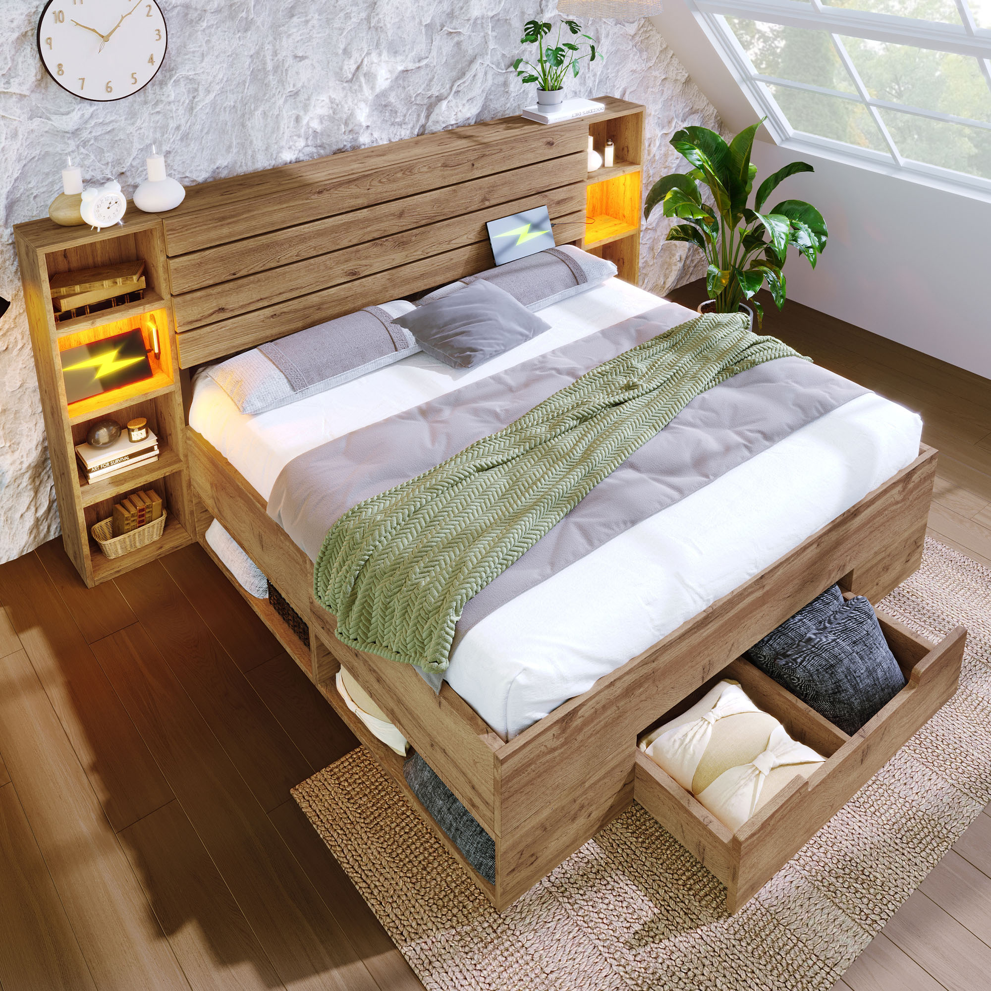Lit coffre double 160x200 avec LED télécommande, USB Type-C, tiroirs rangement et sommier à lattes bois massif chêne