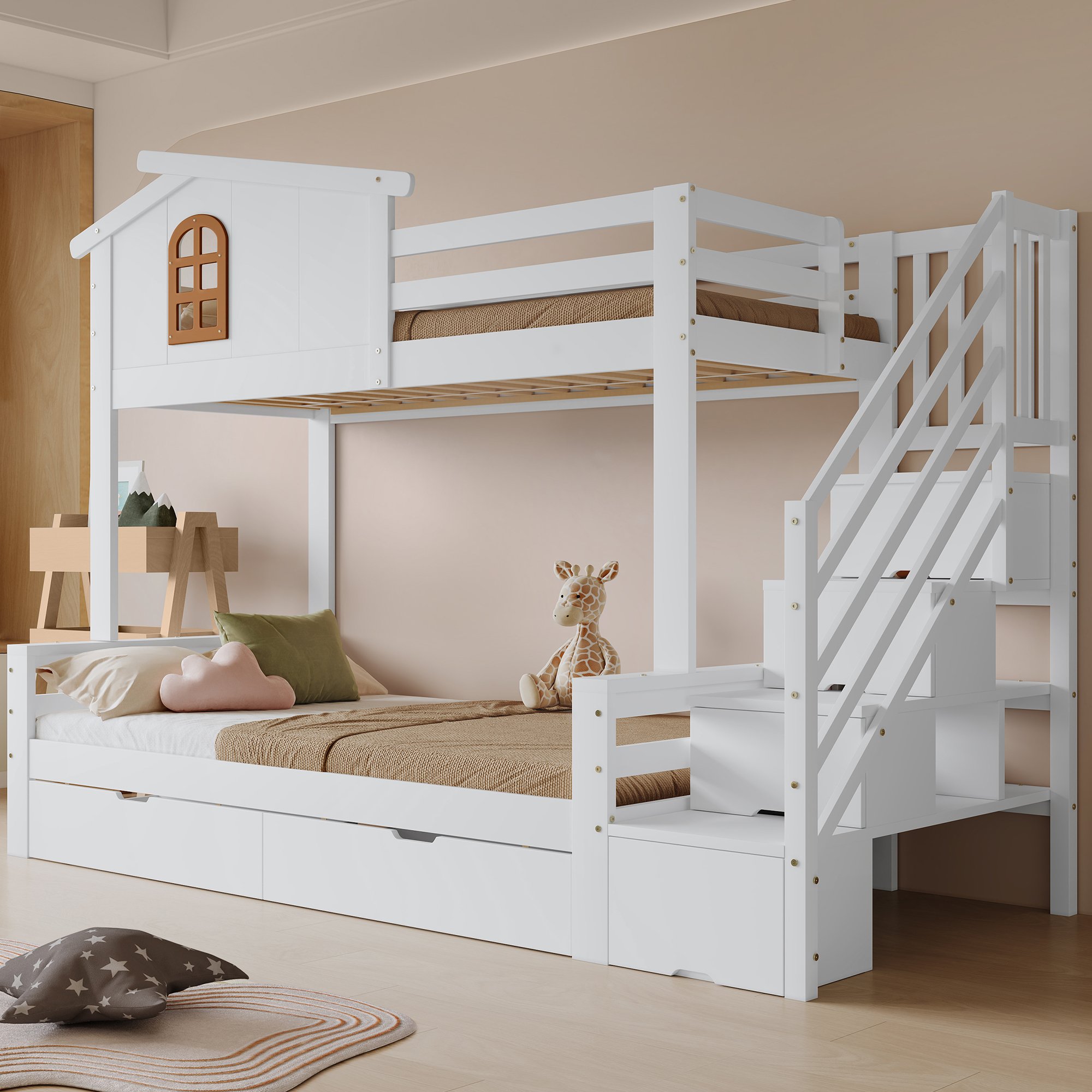 Lit superposé enfant avec rangement par 2 tiroirs et échelle d'angle sécurisée, couchages 90x200 et 120x200
