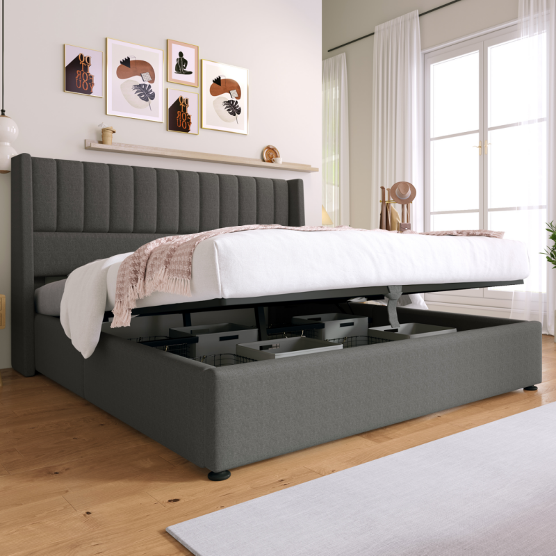 Lit coffre double 160x200 avec ouverture hydraulique facile et grand espace de rangement pour couettes et oreillers