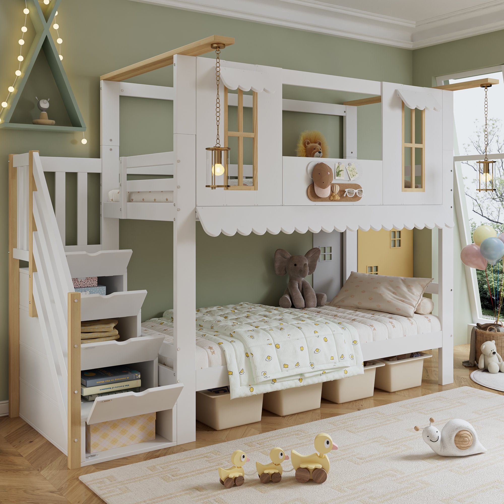 Lit superposé enfant 90x200 pin et Panneau composite de fibres de bois à densité blanc naturel avec rangements et fenêtres décoratives