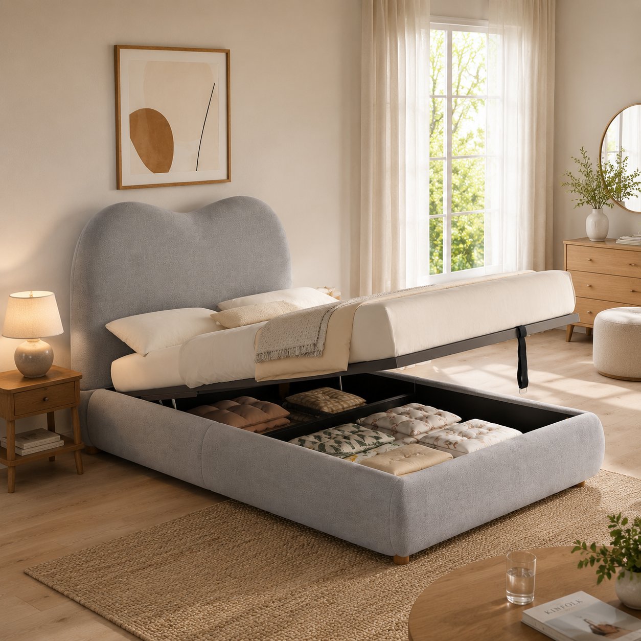 Lit coffre 90x200 en lin gris avec rangement hydraulique, sommier à lattes, tête de lit rembourrée et coins arrondis pour enfant