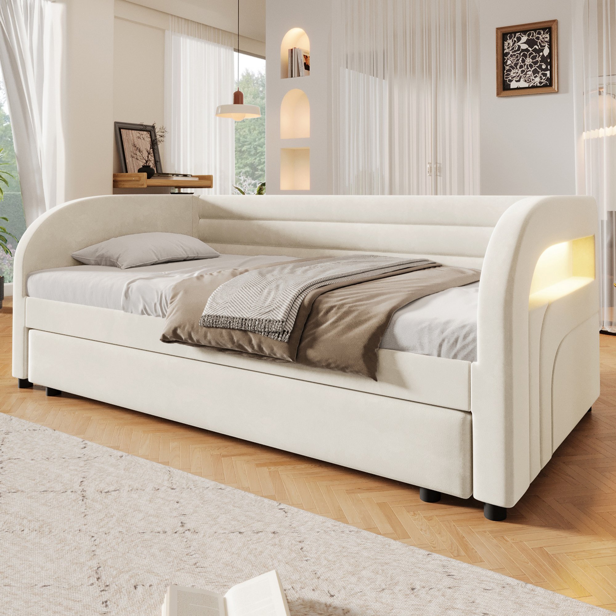 Lit gigogne 90x200 beige avec LED, tiroir escamotable, rembourré en flanelle et Panneau composite de fibres de bois à densité, pour enfant ou invité