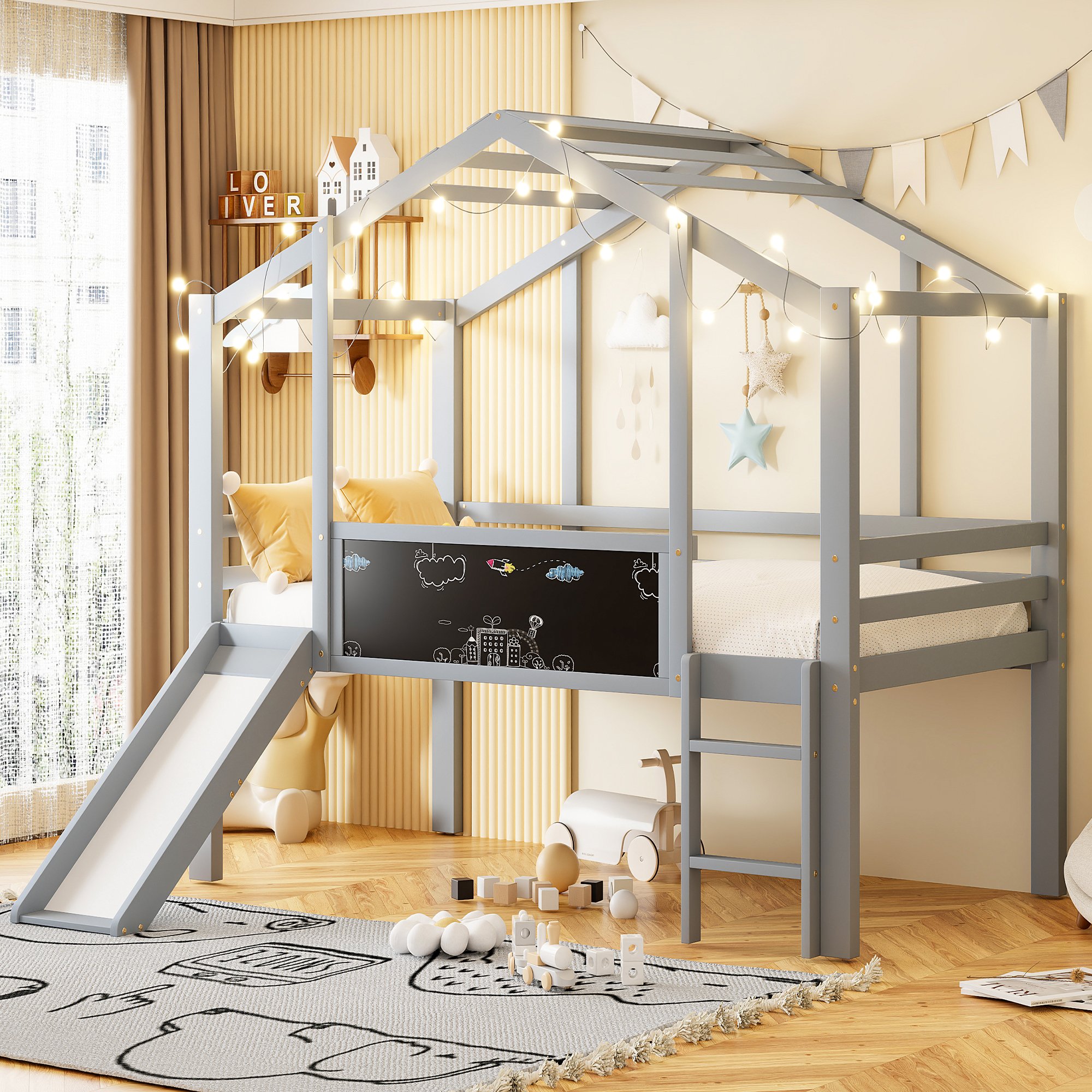 Lit mezzanine 90x200 en bois massif gris avec toboggan, tableau noir et échelle pour enfant