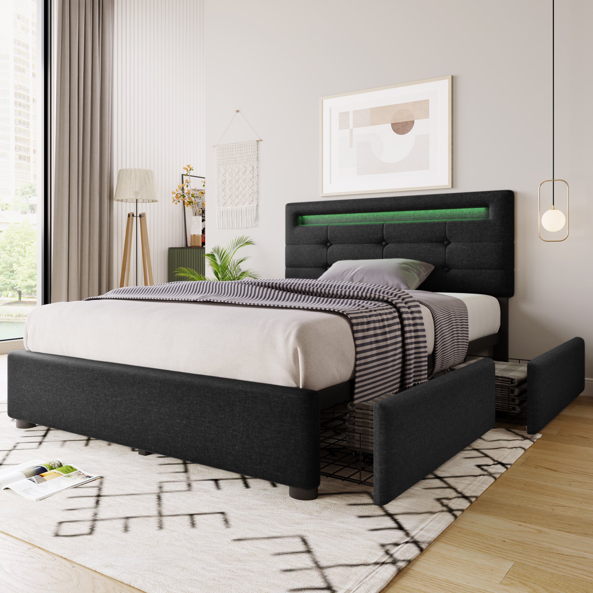 lit coffre 90x200 revêtement lin noir avec structure renforcée, matelas ressorts et lattes bois