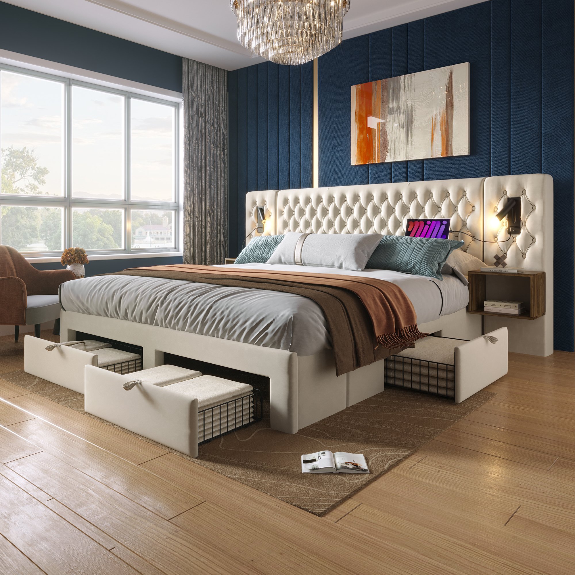 Lit coffre 160x200 avec matelas et sommier, LED lecture, charge USB Type-C, 4 tiroirs, tables de chevet