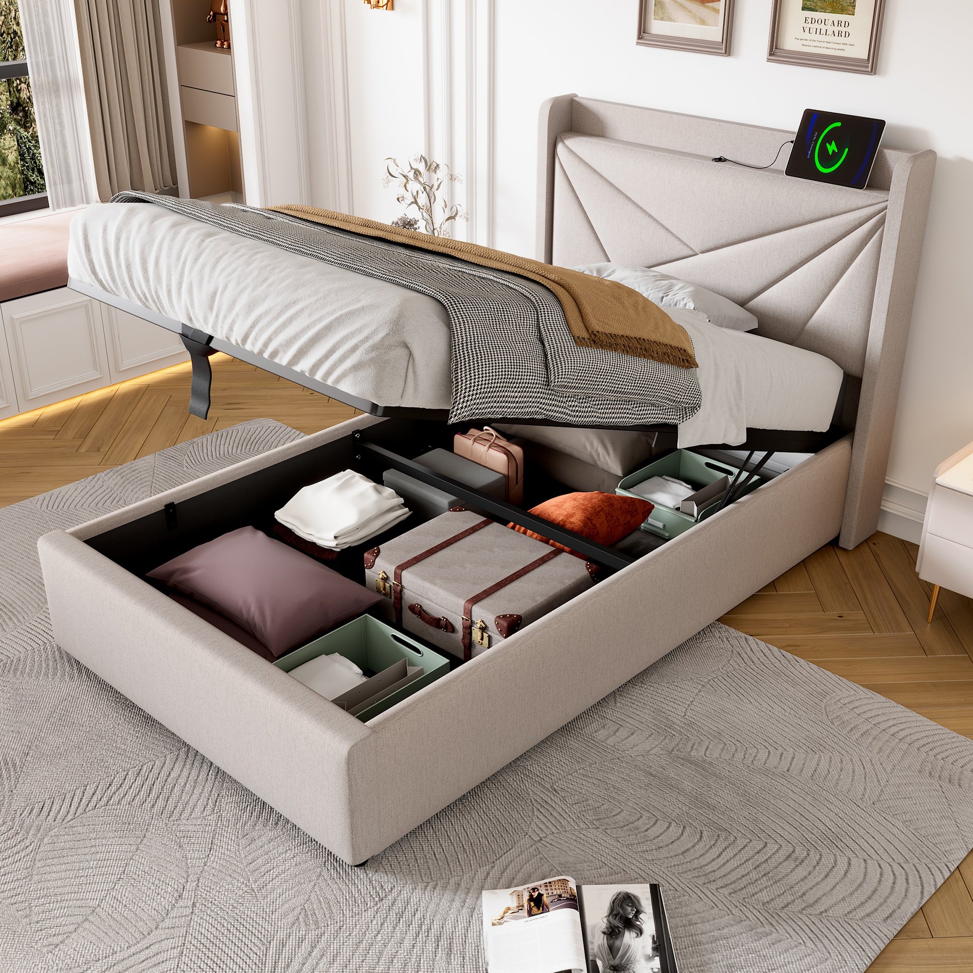 lit coffre 90x200 beige en tissu lin avec rangement, tête de lit rembourrée et ports USB Type-C