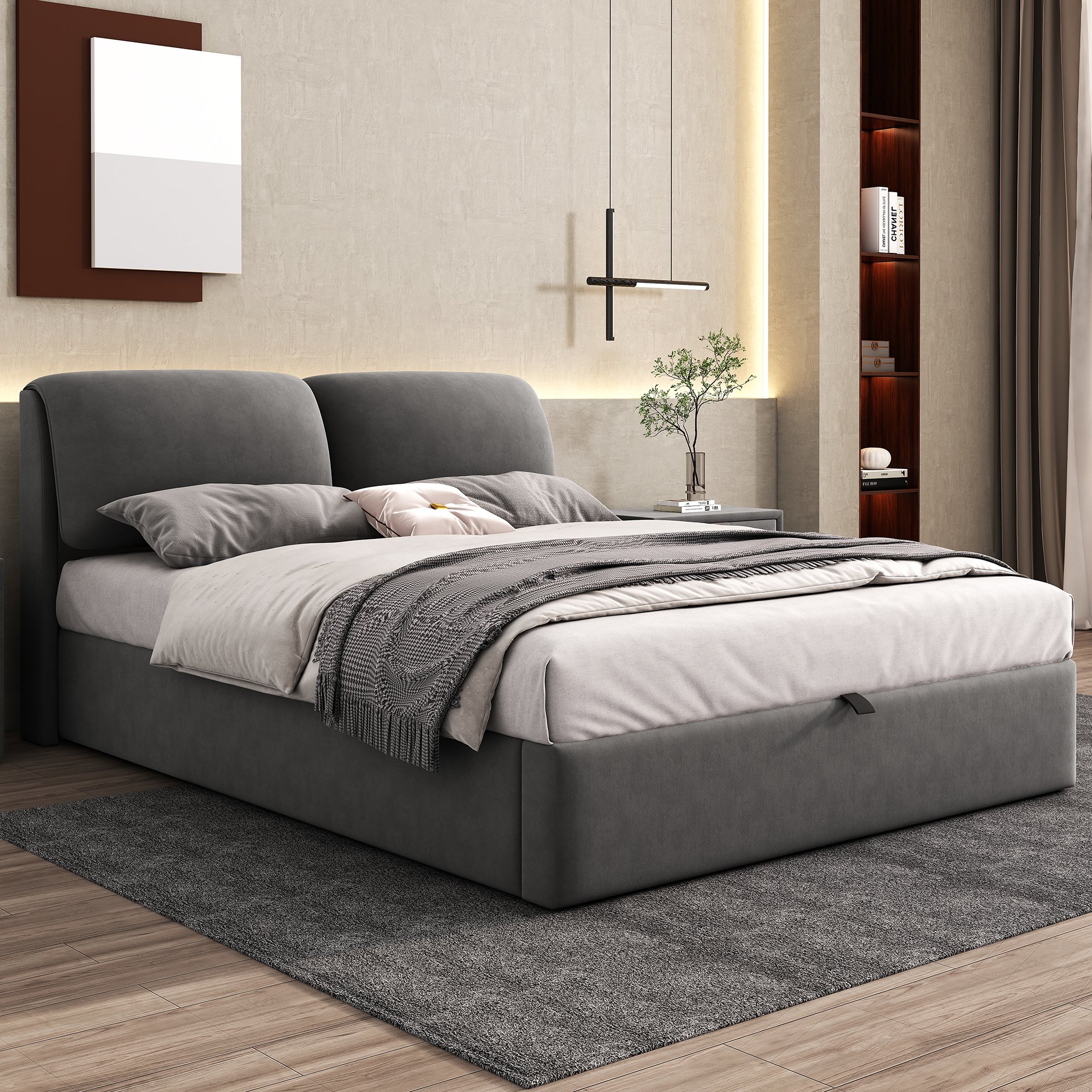 Lit coffre 140x190 velours gris avec ouverture hydraulique facile et trois tiroirs de rangement, optimise l'espace chambre