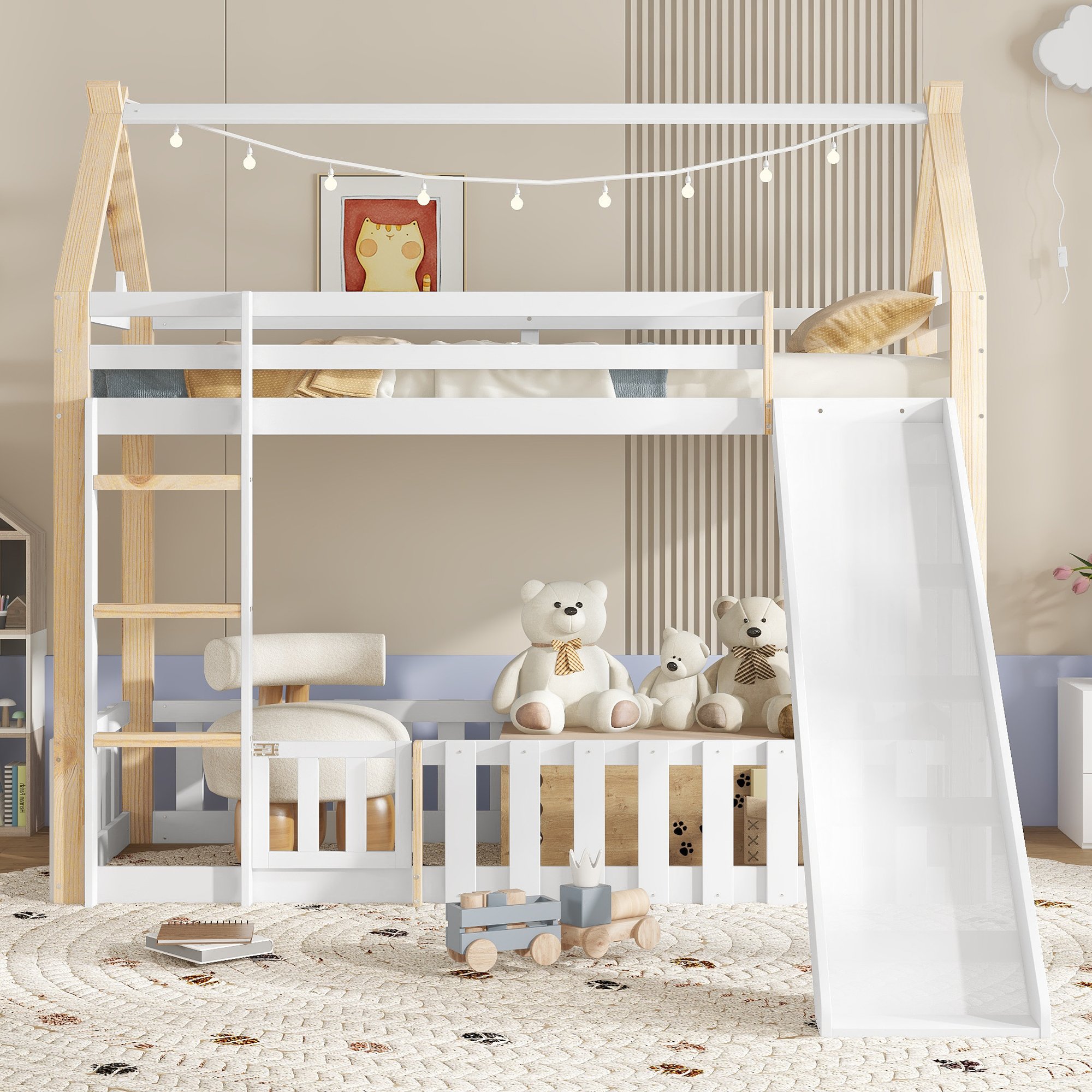 Lit superposé enfant avec toboggan et espace de jeu sous le lit, 90x200 cm, échelle et barrière de sécurité