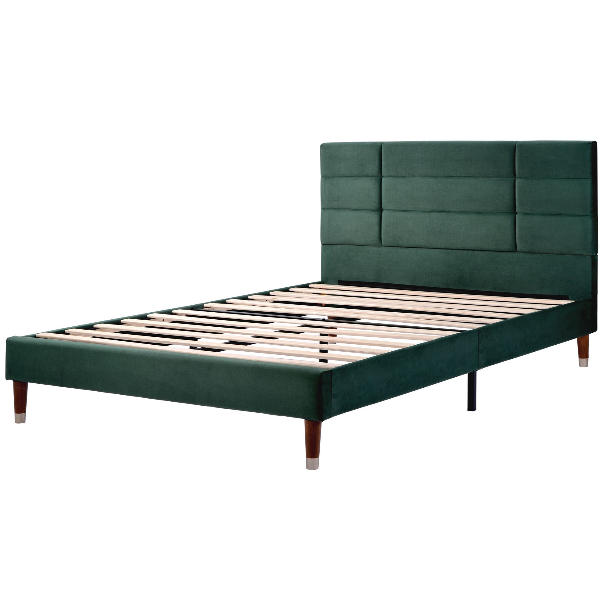 lit double avec sommier et matelas 140x200 en velours vert foncé avec tête de lit rembourrée et sommier à lattes
